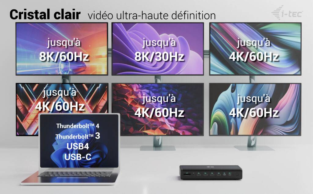 Sechs Monitore zeigen verschiedene Auflösungen von bis zu 8K/60Hz. Ein Laptop und eine Dockingstation mit Thunderbolt 4 und USB-Anschlüssen sind im Vordergrund.