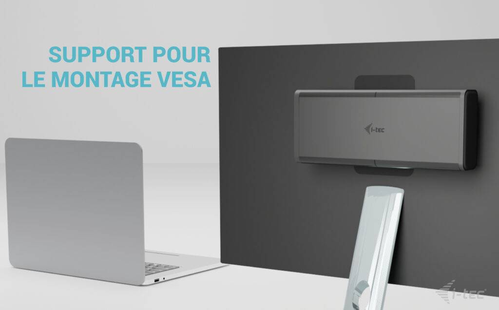Ein Laptop neben einem Bildschirm mit einer Halterung für die VESA-Montage befestigt, Text: 'Support pour le montage VESA'.