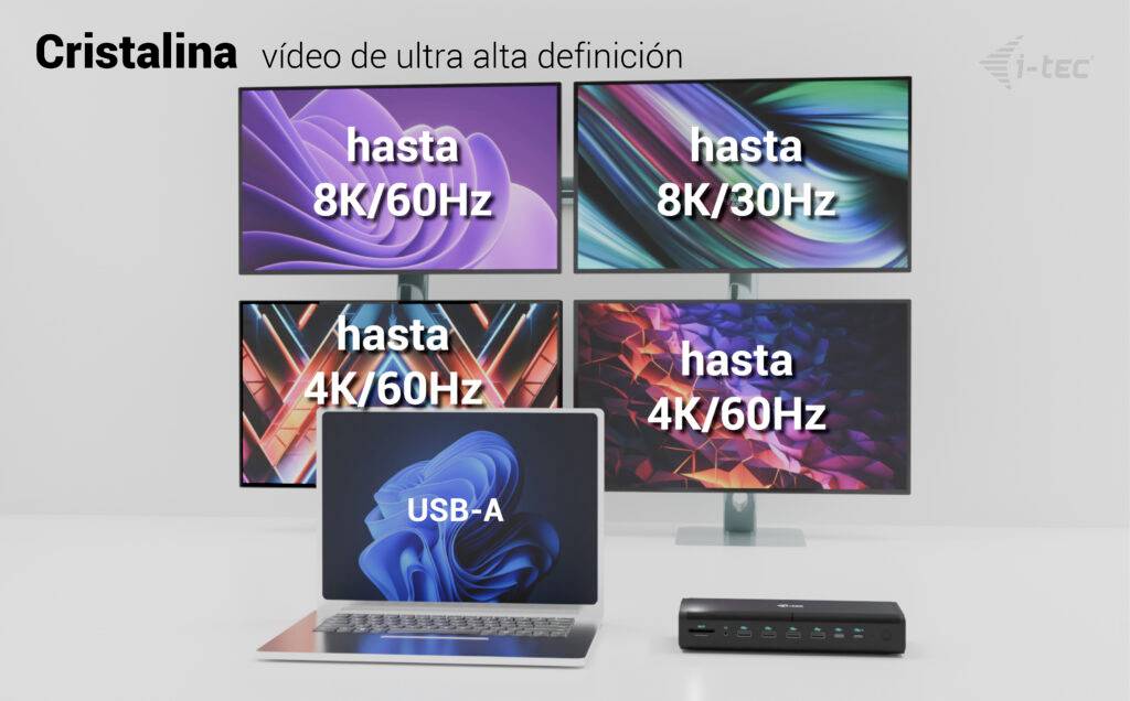 Vier Monitore zeigen Videoauflösungen von bis zu 8K und 4K. Ein Laptop und ein USB-Hub sind im Vordergrund zu sehen.
