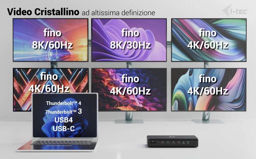 Sechs Monitore zeigen verschiedene Auflösungen und Bildwiederholraten (8K/60Hz, 8K/30Hz, 4K/60Hz). Ein Laptop und eine Dockingstation sind darunter.