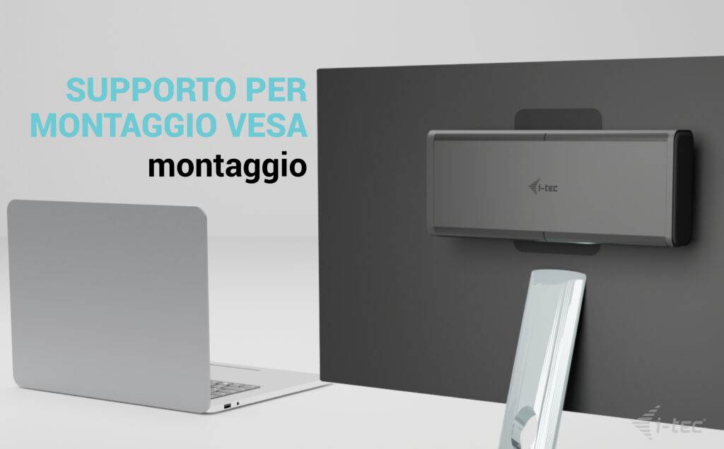 'Unterstützung für VESA-Montage' zeigt einen Laptop und eine mit einer Halterung montierte graue Monitorrückseite.