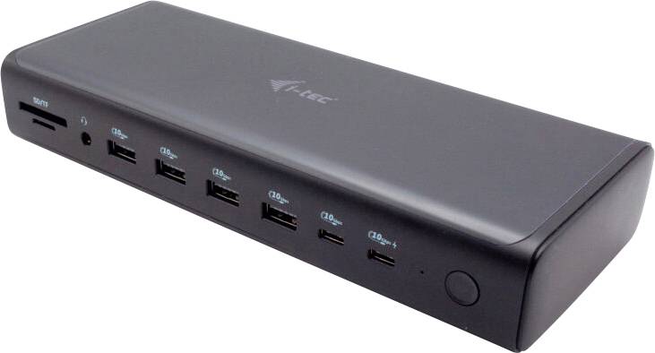 Ein schwarzes, rechteckiges USB-Dockingstation-Gerät mit mehreren USB-Anschlüssen, einem SD-Kartenslot und einem Netzschalter.