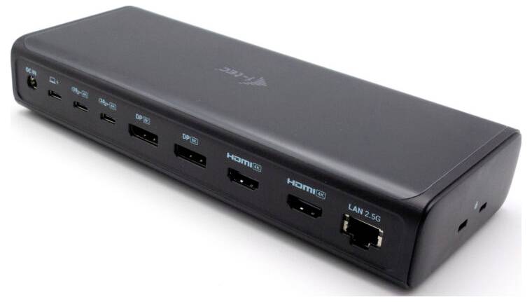Schwarze Dockingstation mit mehreren Anschlüssen: drei USB-C, zwei DisplayPort, zwei HDMI und Ethernet-Anschluss.
