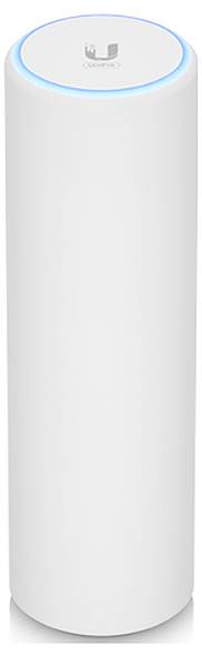 Weißer, zylindrischer WLAN-Router mit blauem LED-Ring an der Oberseite, geeignet für moderne Innenräume.