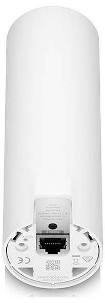 Weißer zylindrischer Wi-Fi-Router mit Ethernet-Anschluss an der Unterseite, zeigt CE- und andere Zertifizierungssymbole.