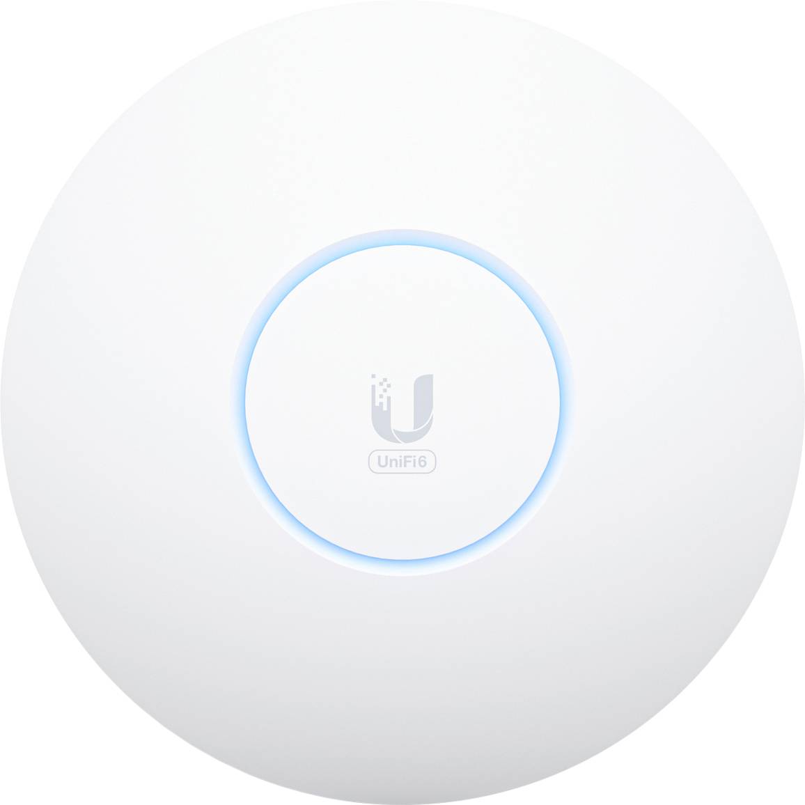 Ein weißer, runder WLAN-Zugangspunkt mit einem blauen Leuchtring in der Mitte. Markenzeichen 'UniFi' auf der Vorderseite.