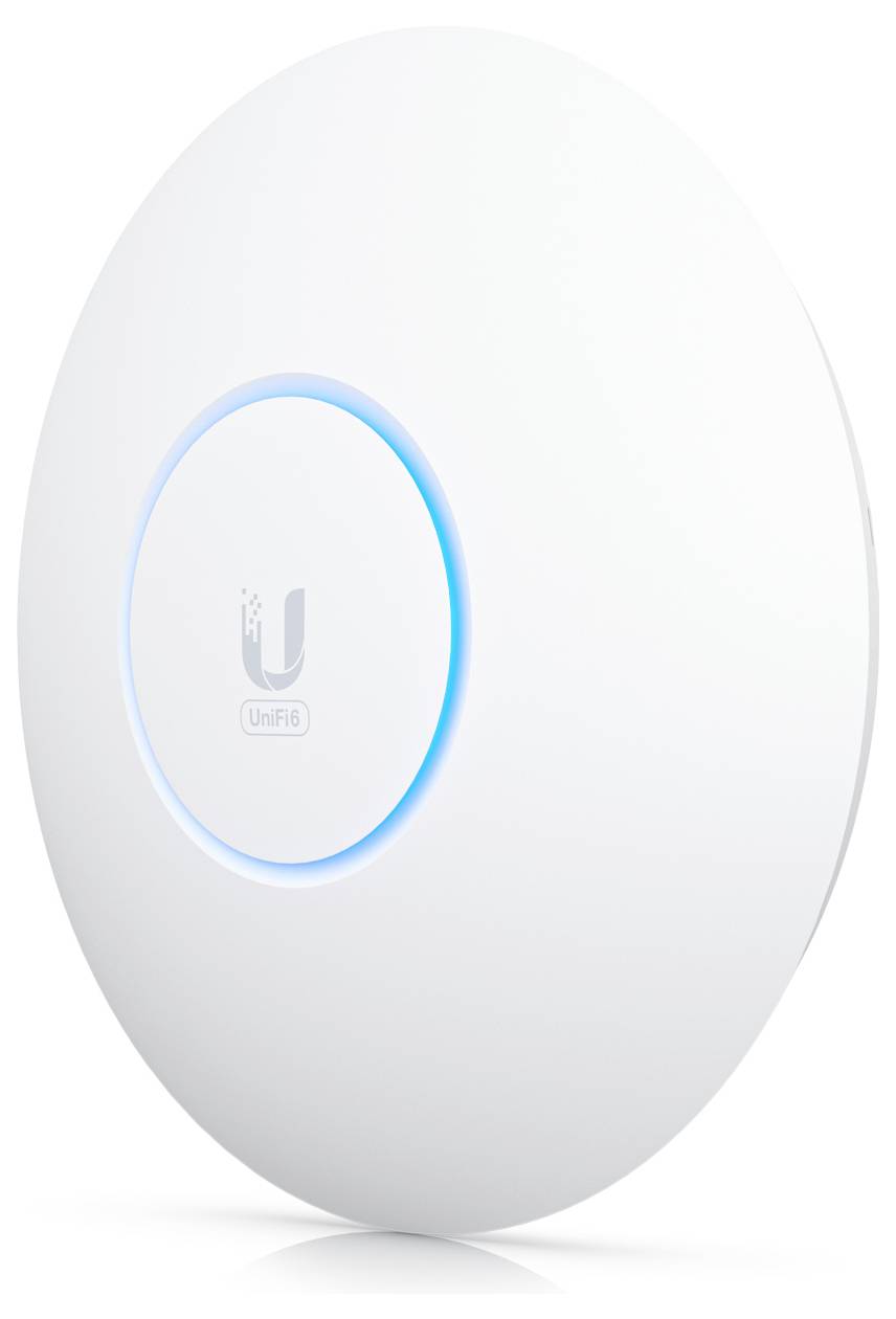 Ein runder, weißer WLAN-Access-Point mit blauem LED-Leuchtring in der Mitte, von der Marke UniFi.