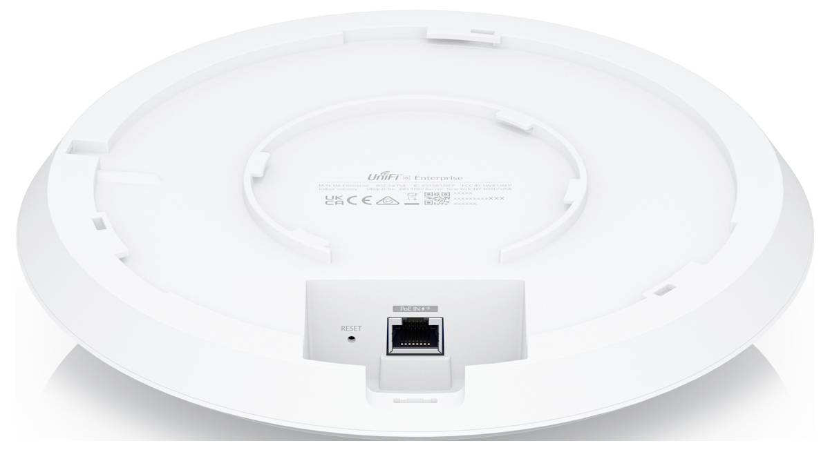 Unterseite eines runden Geräts mit Ethernet-Anschluss und Reset-Taste.