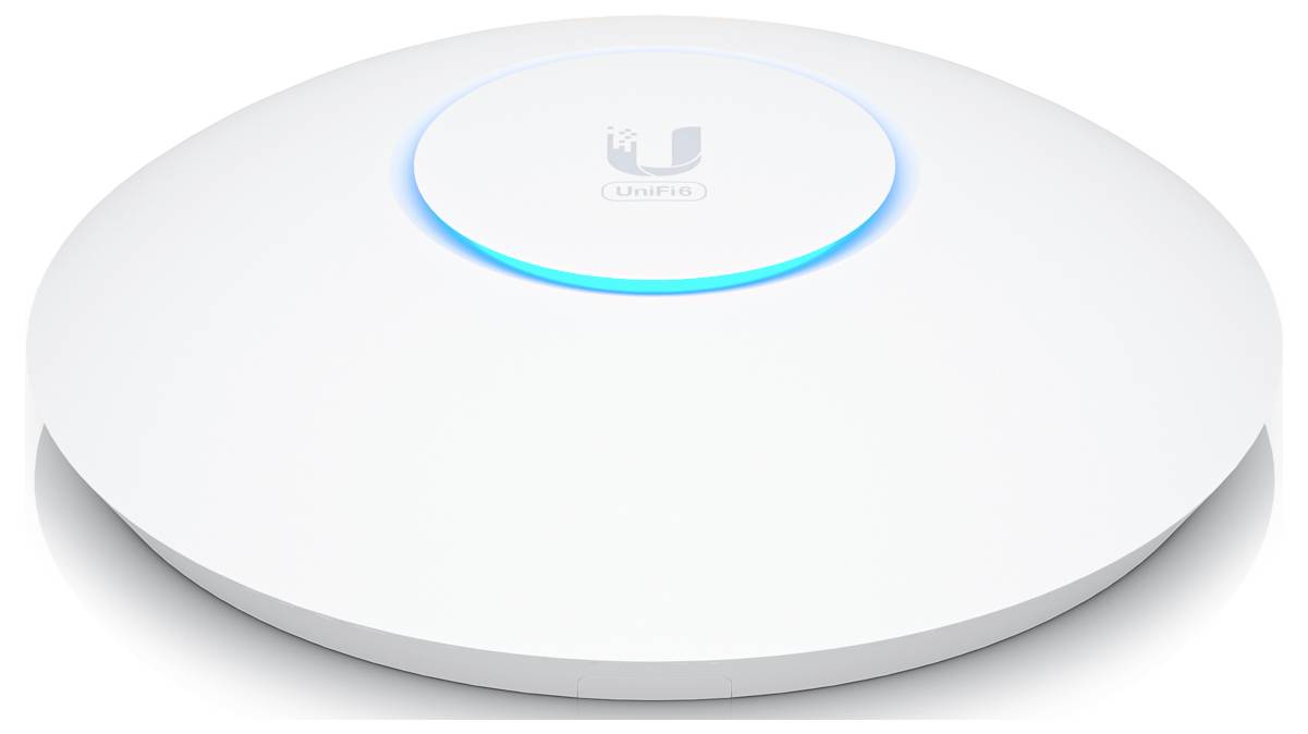 Ein moderner, runder WLAN-Access-Point mit leuchtendem Blau in der Mitte, auf einer glatten weißen Oberfläche platziert.
