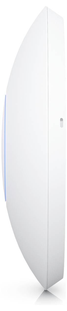 Ein modernes, weißes, gewölbtes Gerät mit schmaler Bauform und blauer LED-Leiste, möglicherweise ein technisches Gerät oder Sensor.