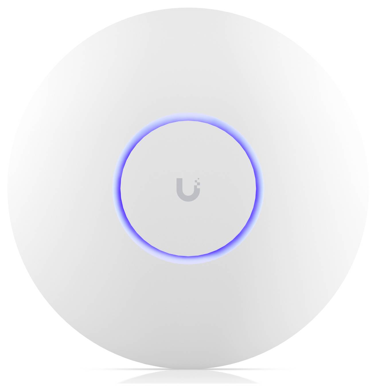Runder WLAN-Zugangspunkt mit weißem Gehäuse und blauem LED-Ring in der Mitte.