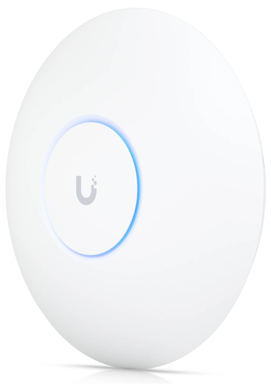 Ein weißer, runder WLAN-Access-Point an der Wand mit einem blauen leuchtenden LED-Ring in der Mitte und dem 'U'-Logo.