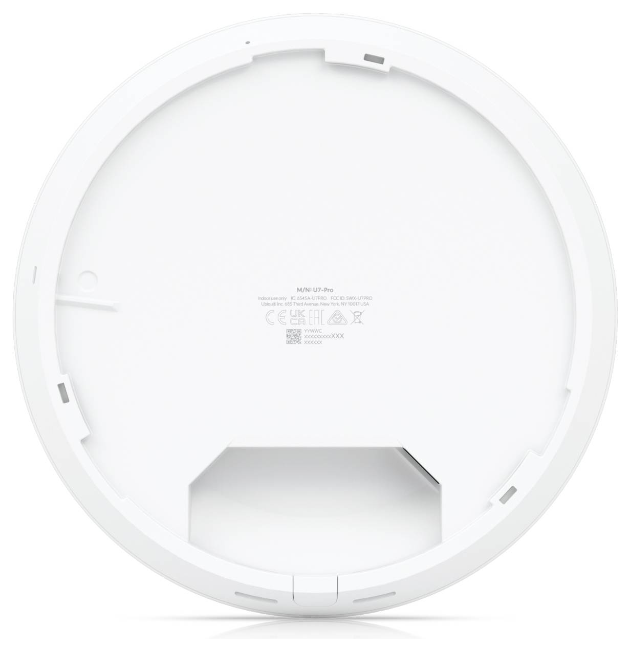 Weiße, runde Rückseite eines technischen Geräts, möglicherweise ein WLAN-Zugangspunkt, mit technischen Spezifikationen und CE-Kennzeichnung.