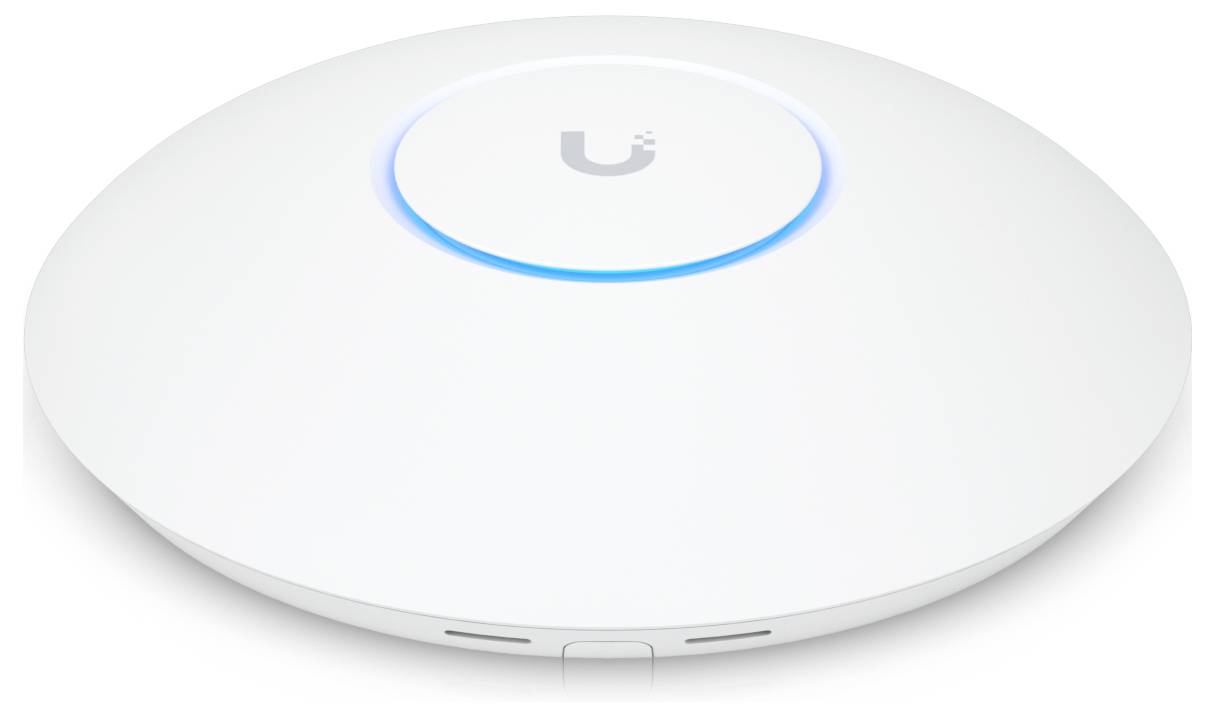 Ein weißer, runder WLAN-Access-Point mit blau leuchtendem Ring auf der Oberseite, möglicherweise von einem Technologieanbieter.