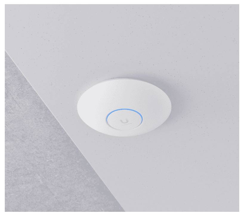 Ein runder, weißer WLAN-Router ist an der Decke montiert. Ein blauer Ring leuchtet um die zentrale Taste herum.
