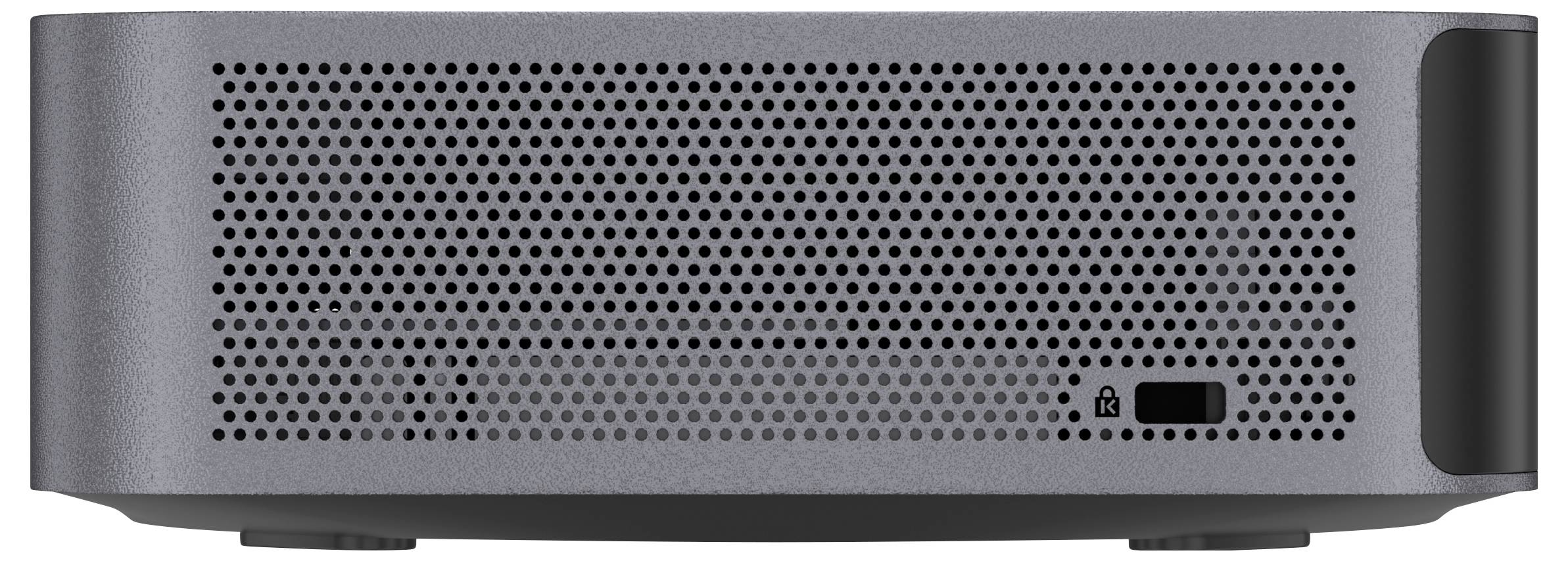 Ein kompakter Computer mit perforierter Front für Belüftung. Unten rechts befindet sich ein Symbol für Sicherheitsschloss.