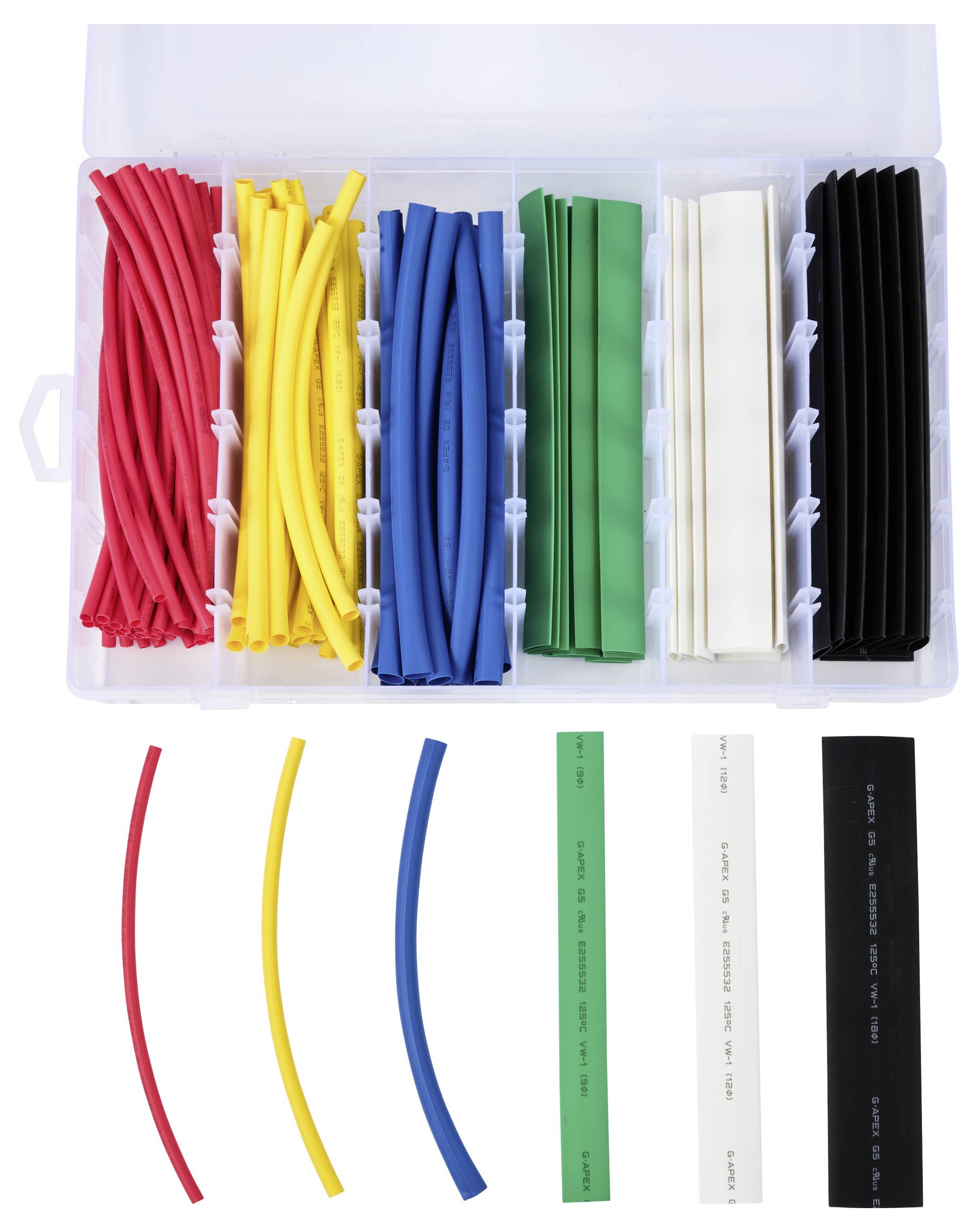 Sortimentsbox mit farbigen Schrumpfschläuchen in Rot, Gelb, Blau, Grün, Weiß und Schwarz, sortiert nach Farben und Größe.