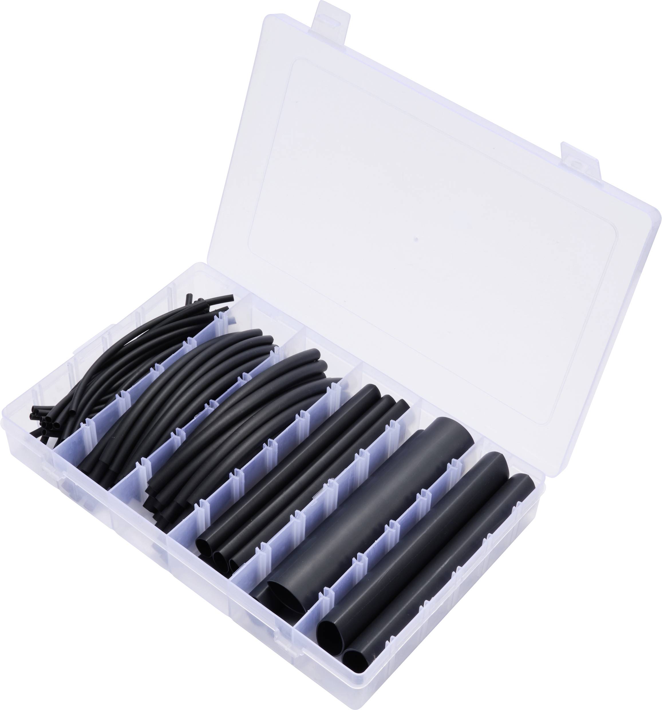 Ein offener Plastikorganizer mit verschiedenen schwarzen Schrumpfschläuchen in verschiedenen Größen, ordentlich in Fächer sortiert.