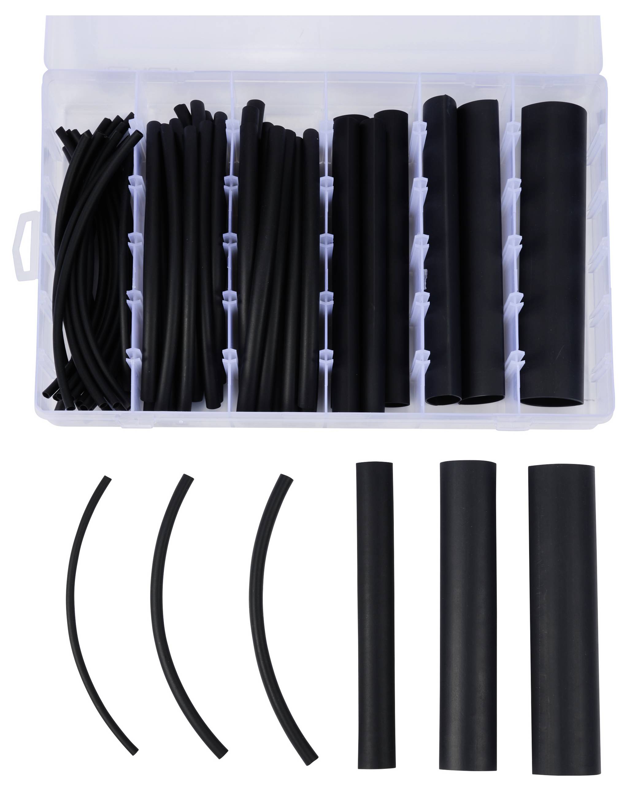 Ein Organizer-Kasten mit verschiedenen schwarzen Schrumpfschläuchen in mehreren Größen und Längen, angeordnet in Fächern.