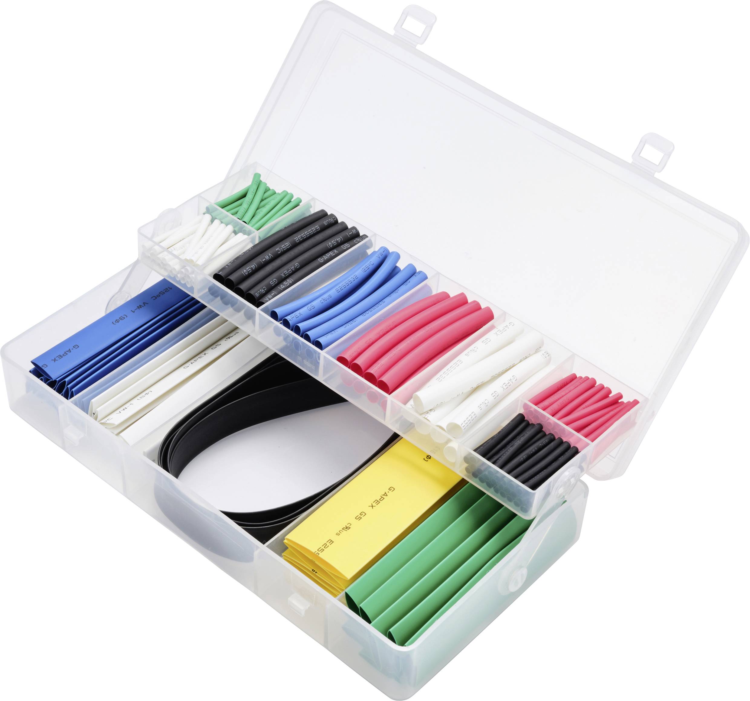 Eine geöffnete Plastikbox enthält farbige Schrumpfschläuche in verschiedenen Größen und Farben, wie Blau, Rot, Schwarz und Gelb.