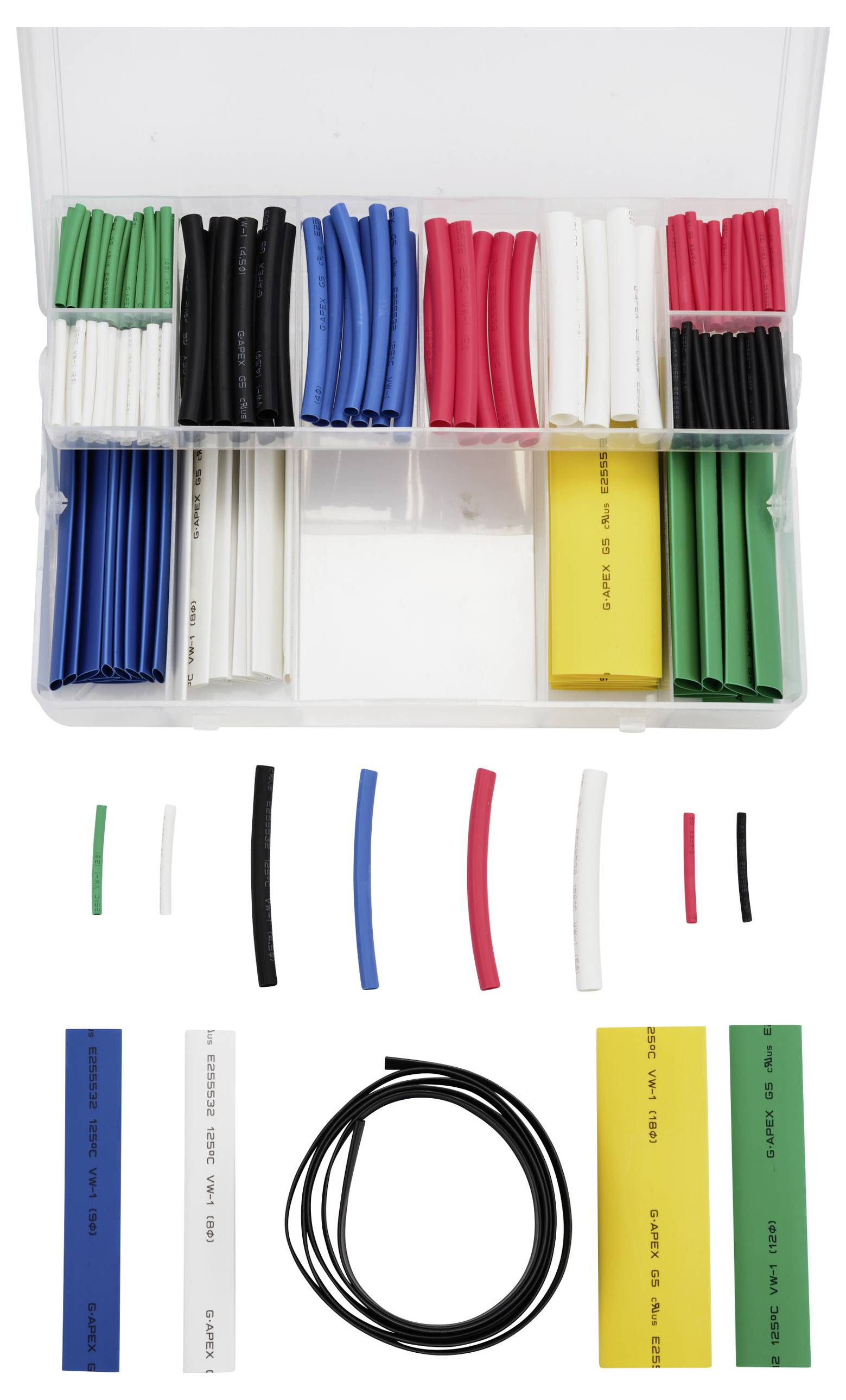 Plastikbox mit farbigen Schrumpfschläuchen in verschiedenen Größen und Farben: Schwarz, Blau, Rot, Weiß, Grün und Gelb.