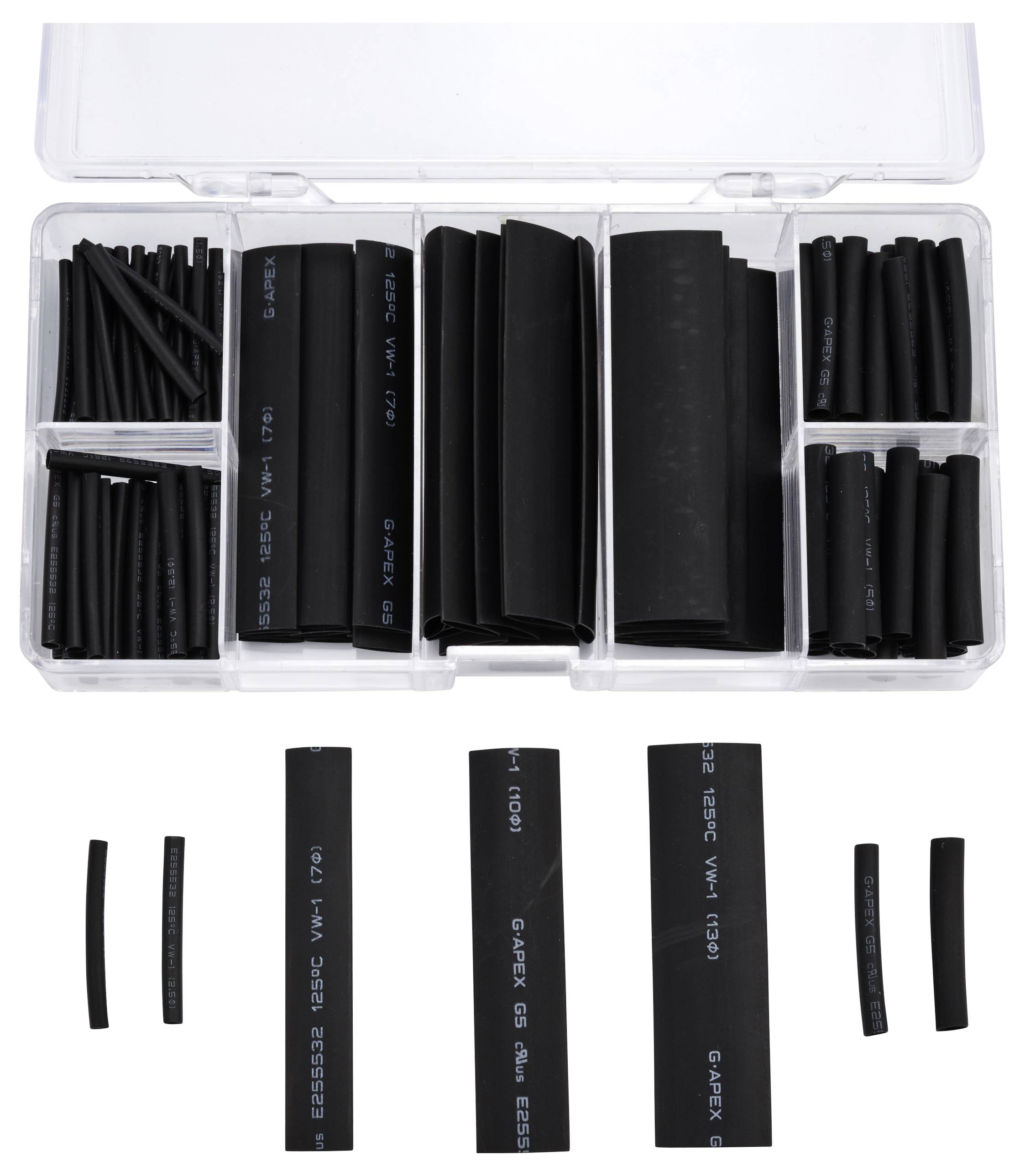 Ein Sortiment an schwarzen Schrumpfschläuchen in verschiedenen Größen in einem Kunststoffkasten. Hauptsächlich zur Kabelisolierung.