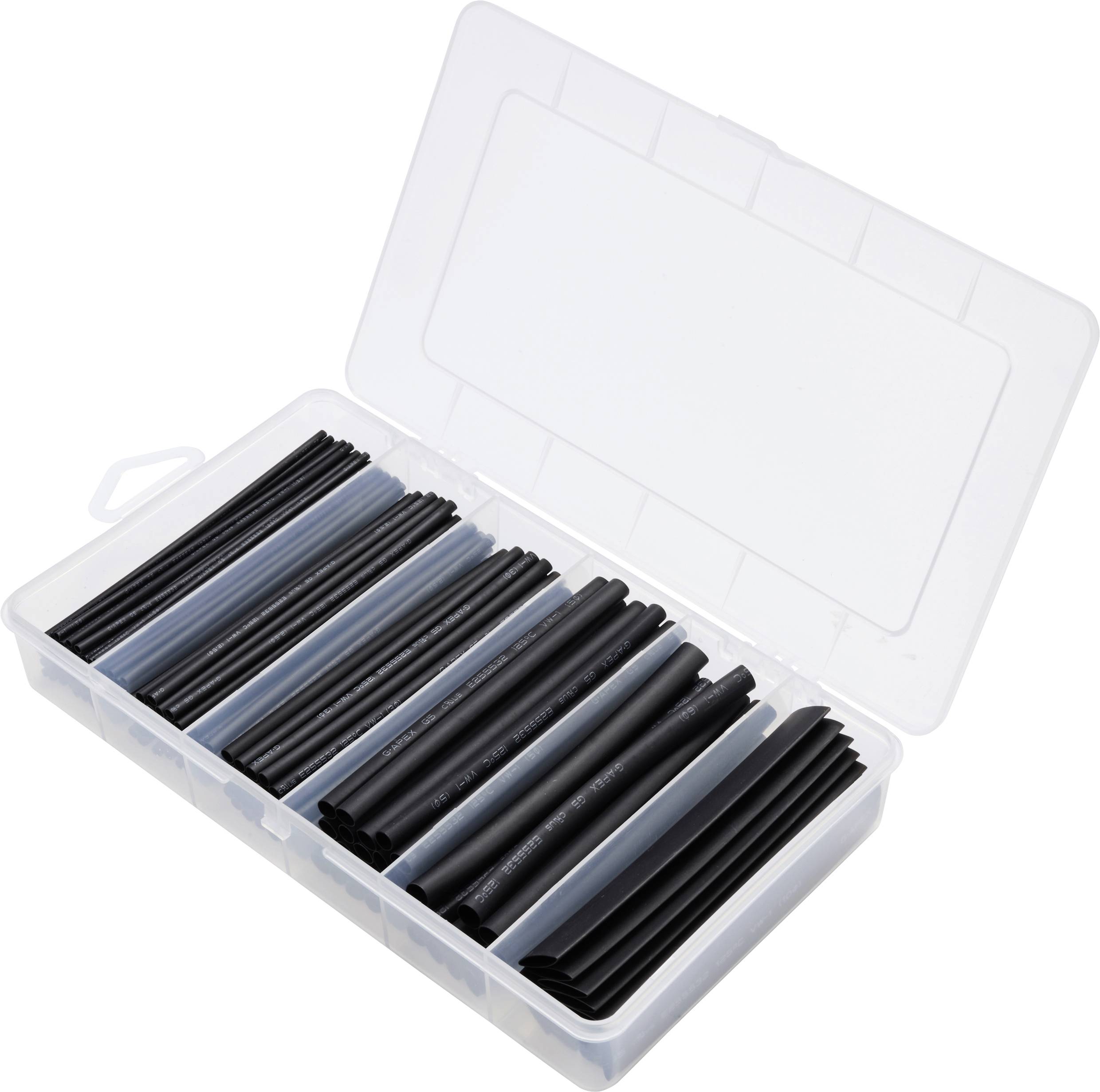 Eine geöffnete Plastikbox mit verschieden großen schwarzen Schrumpfschläuchen, ordentlich in Fächer getrennt.