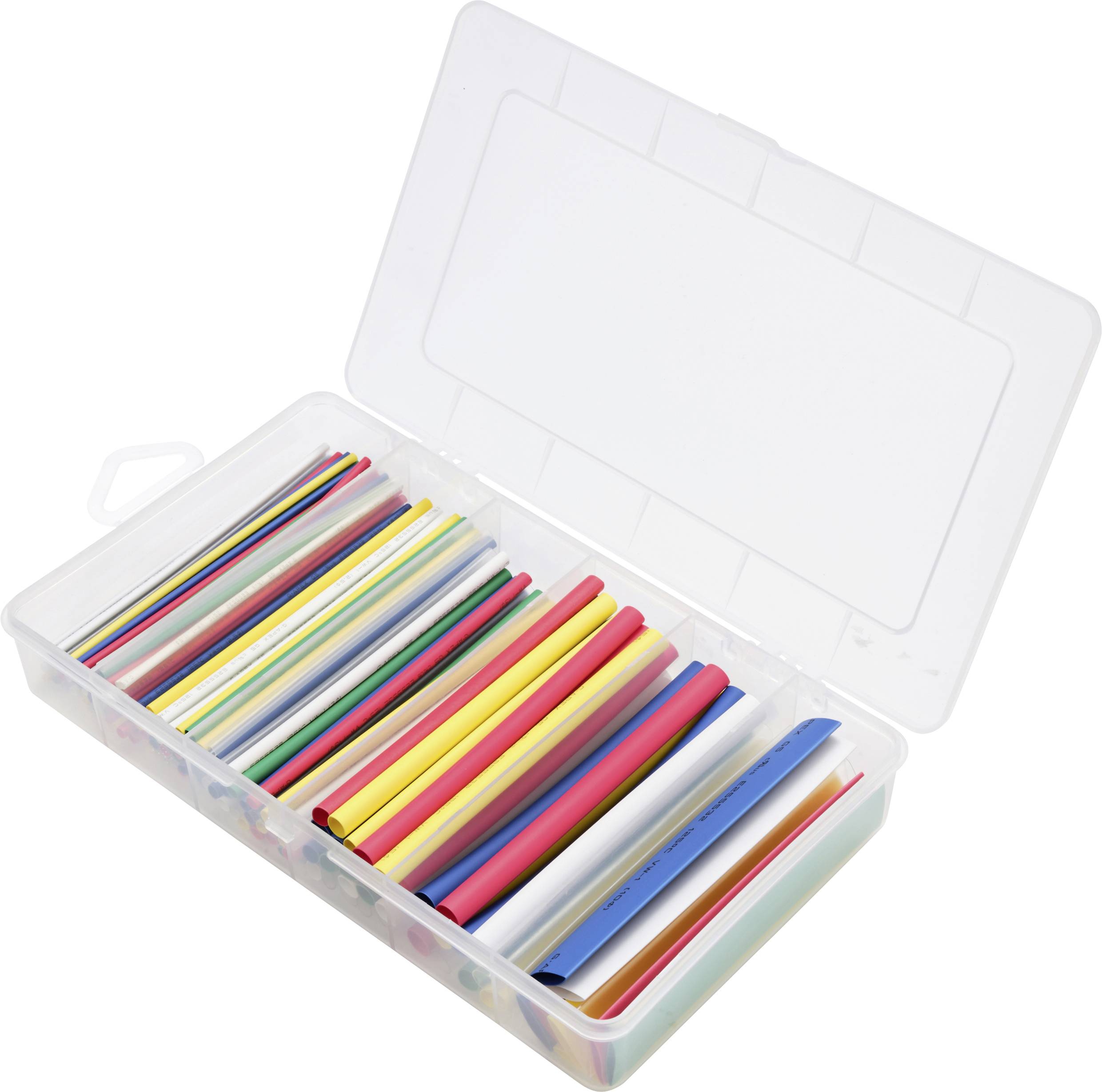 Eine geöffnete Plastikbox enthält sortierte bunte Trinkhalme in verschiedenen Farben.