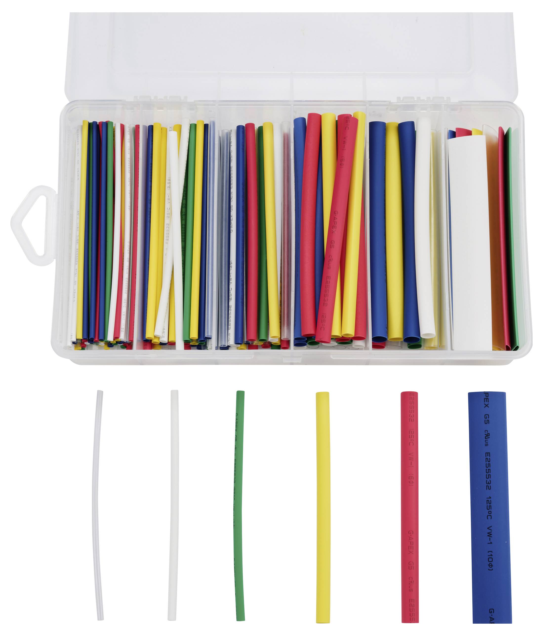 Eine transparente Box mit verschiedenen bunten Schrumpfschlauchstücken in Fächern sortiert. Darunter liegen Muster der Schläuche.