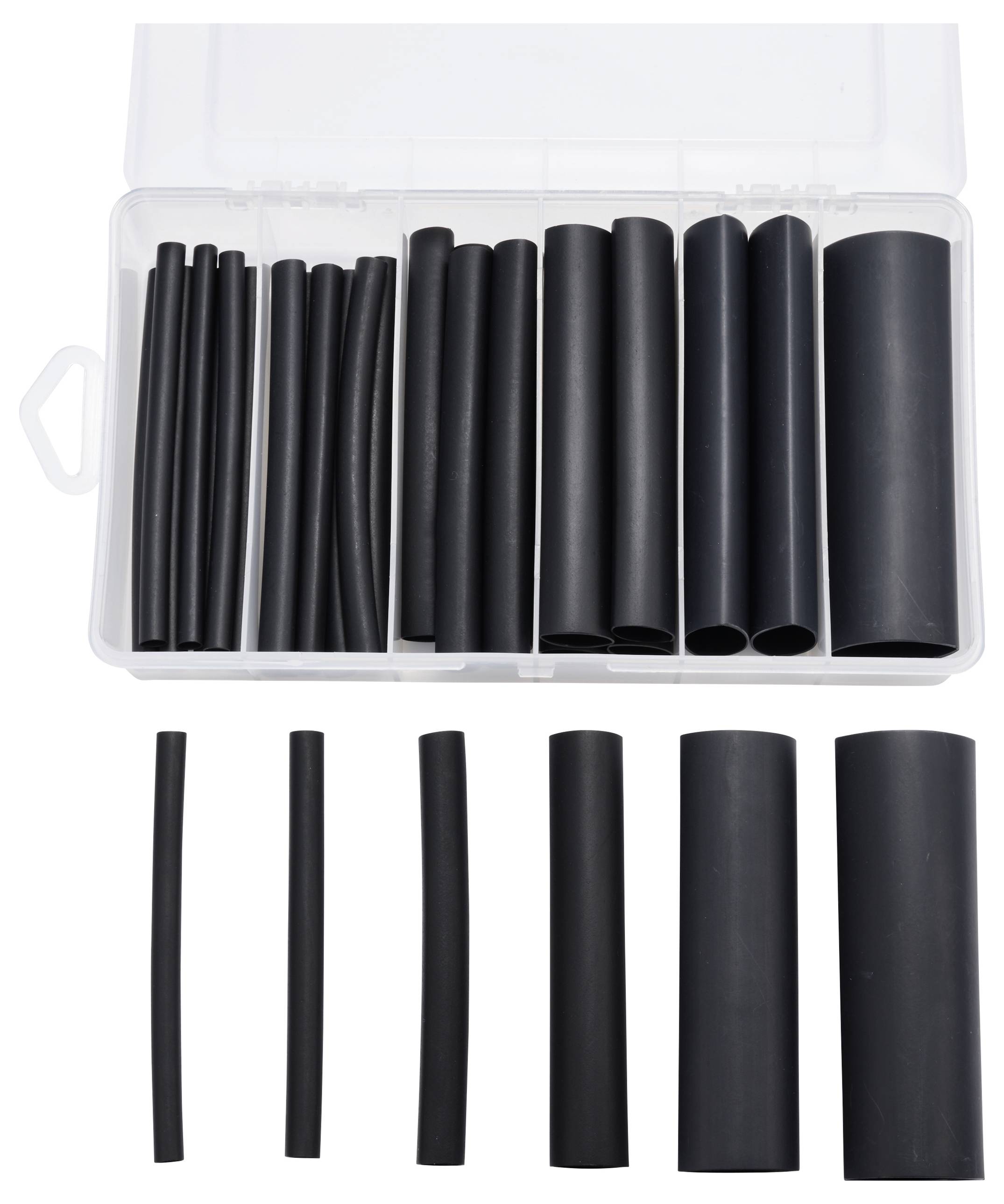 Schwarze Schrumpfschläuche in verschiedenen Größen in einer transparenten Box angeordnet. Sie sind zur Isolierung von Kabeln gedacht.