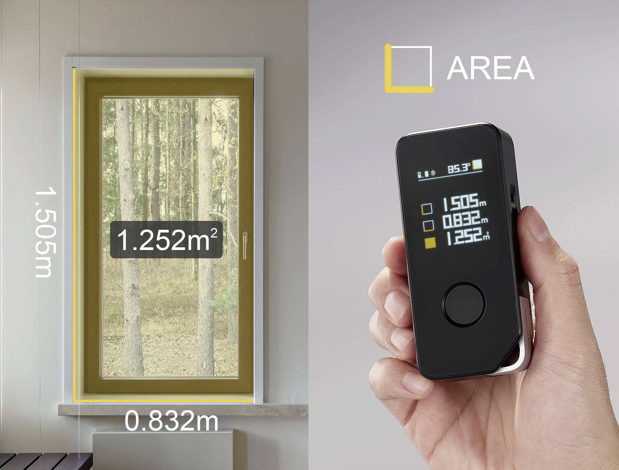 Fenster mit Abmessungen von 1,505 m Höhe und 0,832 m Breite. Gesamtfläche: 1,252 m². Rechts ein Handgerät mit denselben Daten.