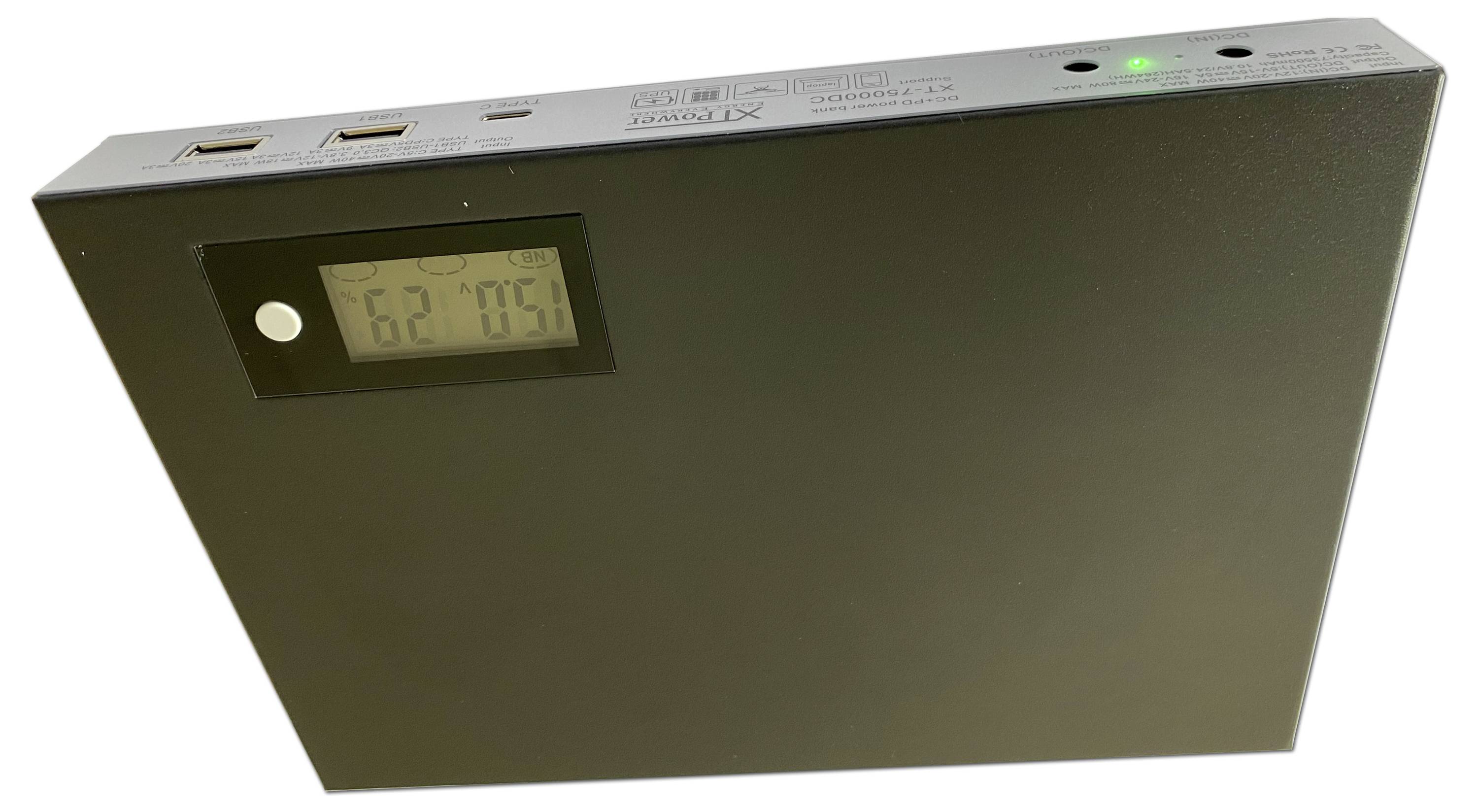 Schwarzes elektronisches Gerät mit digitalem Display, zeigt '62 105', zwei USB-Anschlüsse oben, grüne Kontrollleuchte leuchtet.