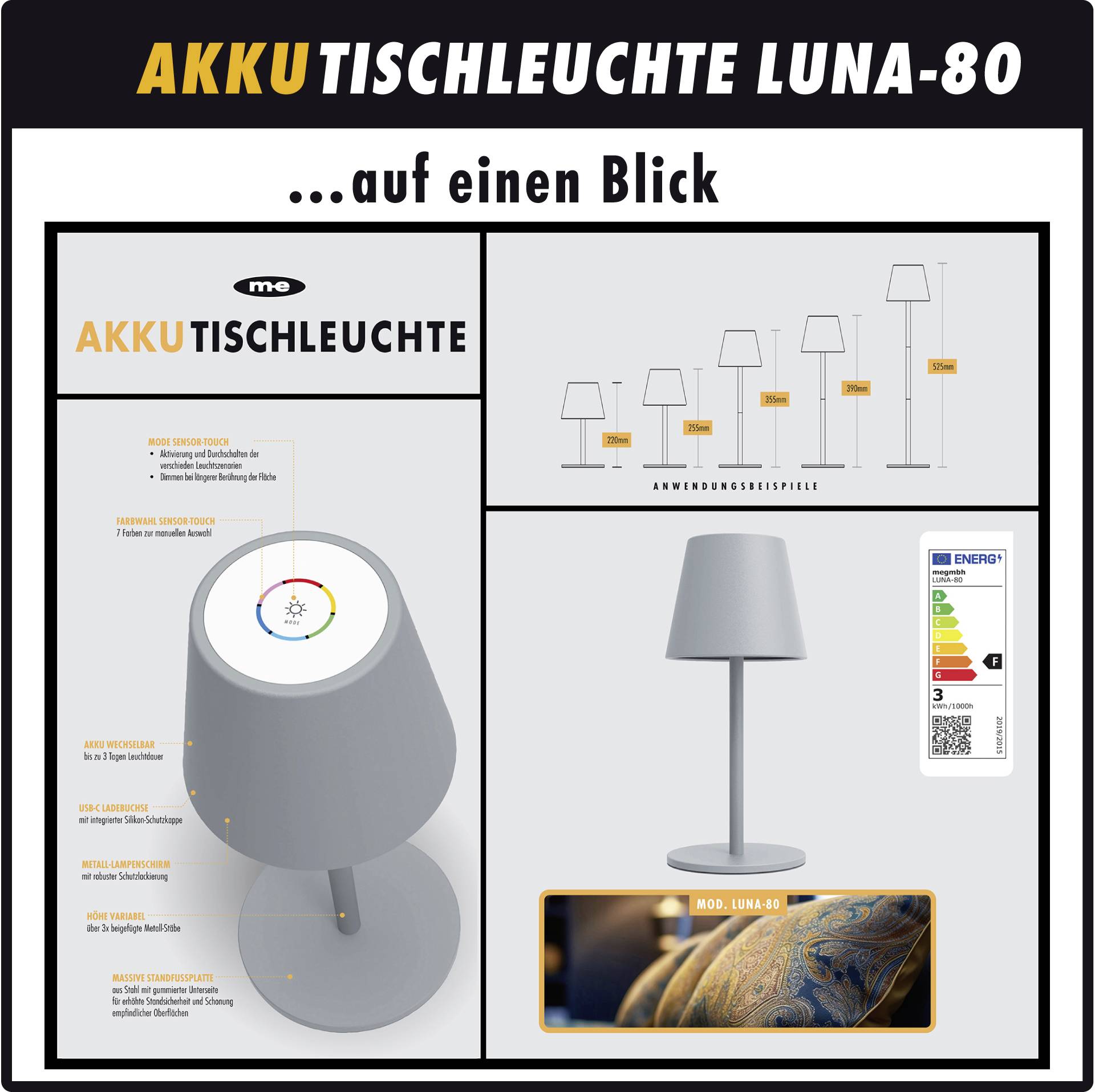M-e modern-electronics LUNA-80 W 41434 Akku-Tischlampe LED LED fest eingebaut 3 W Weiß
