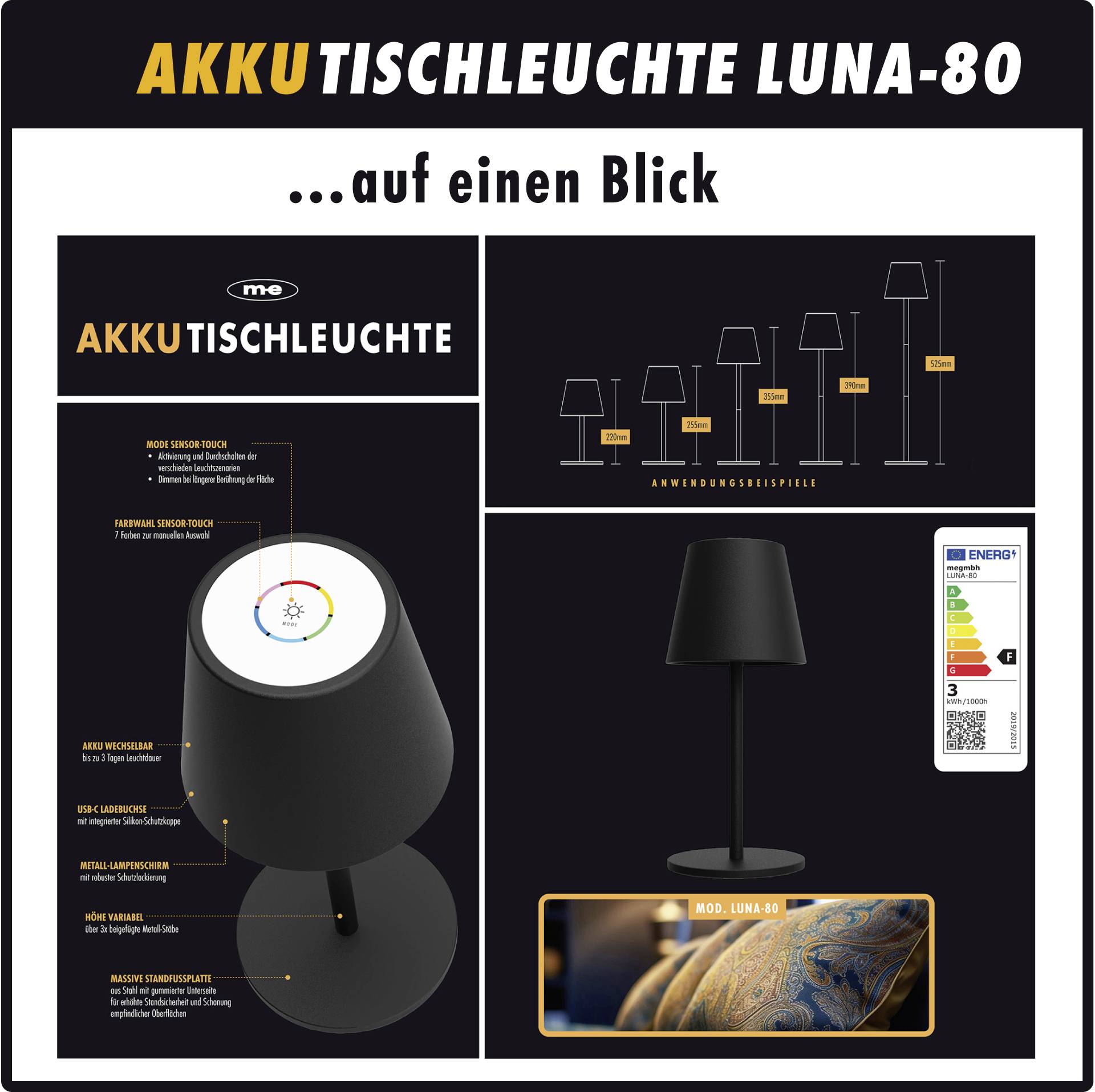M-e modern-electronics LUNA-80 S 41436 Akku-Tischlampe LED LED fest eingebaut 3W Schwarz