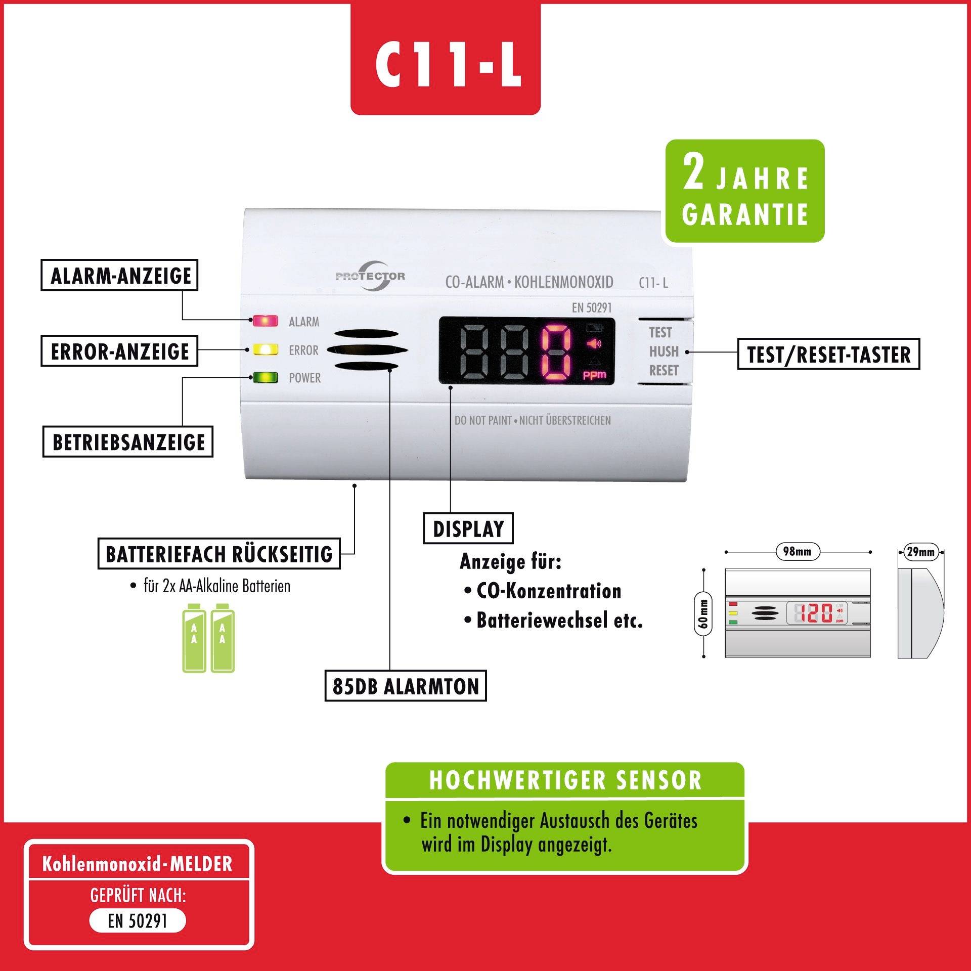 Protector C11-L Kohlenmonoxid-Melder batteriebetrieben detektiert Kohlenmonoxid