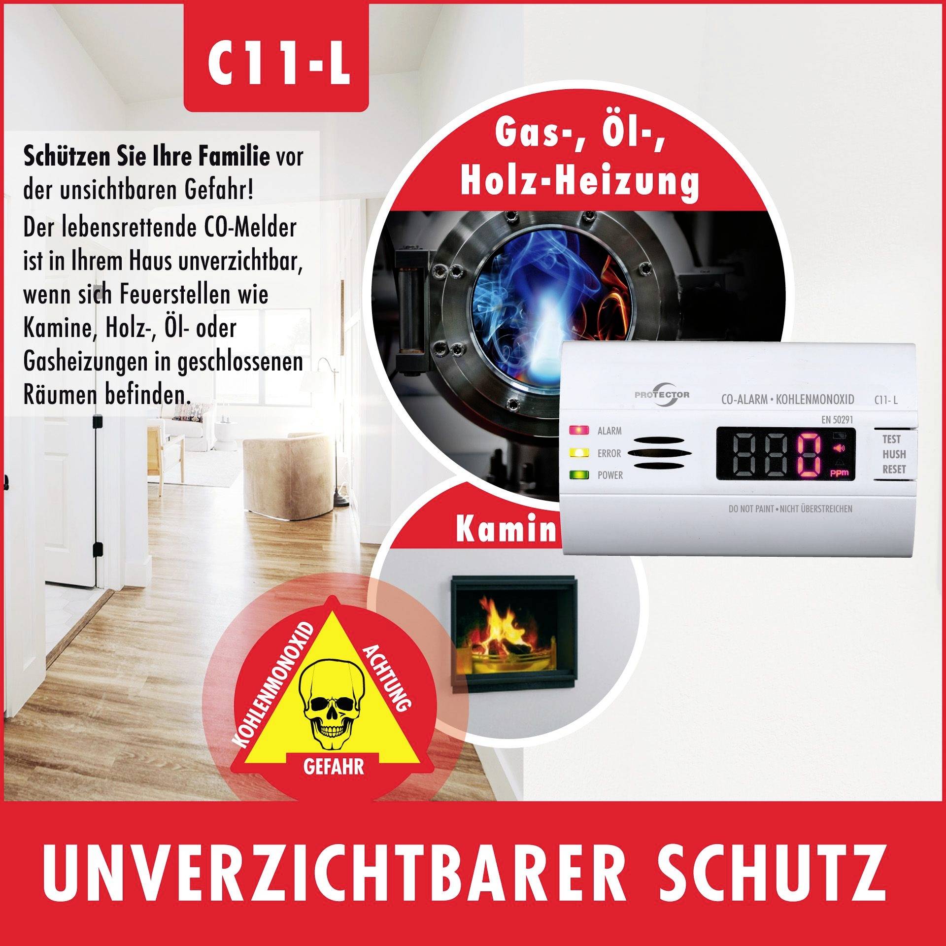 Protector C11-L Kohlenmonoxid-Melder batteriebetrieben detektiert Kohlenmonoxid
