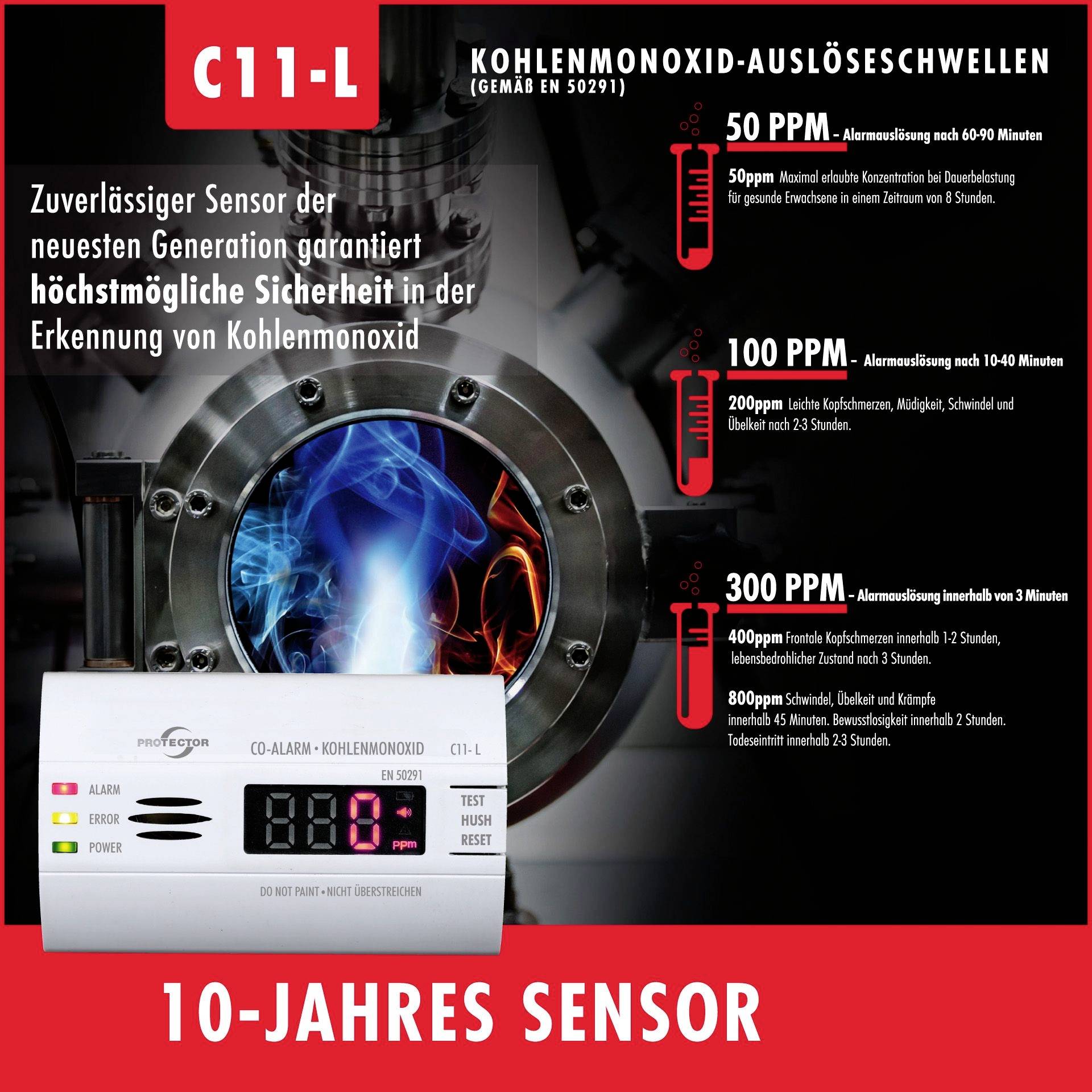 Protector C11-L Kohlenmonoxid-Melder batteriebetrieben detektiert Kohlenmonoxid