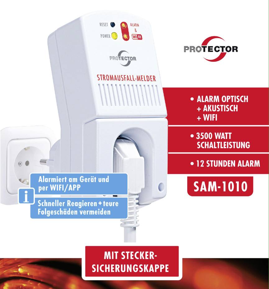 Bild eines Stromausfallmelders. Enthält optischen Alarm und akustisches Signal, WLAN-fähig, 3500 Watt Schaltleistung. 12-Stunden-Alarm.