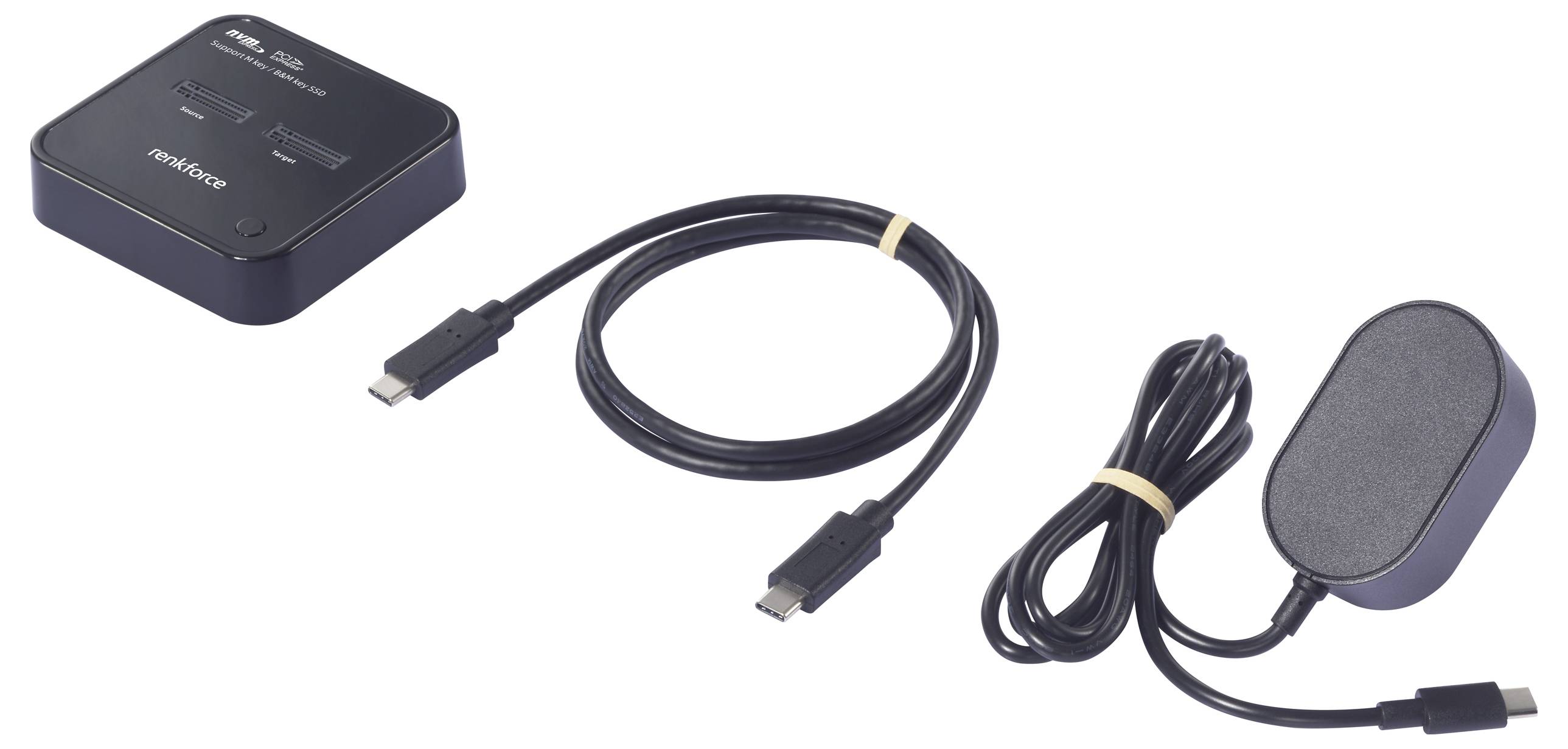 Externe Festplatte mit zwei USB-Kabeln, eines USB-C, eines mit rundem Stecker. Geeignet für Datenspeicherung und Verbindung.