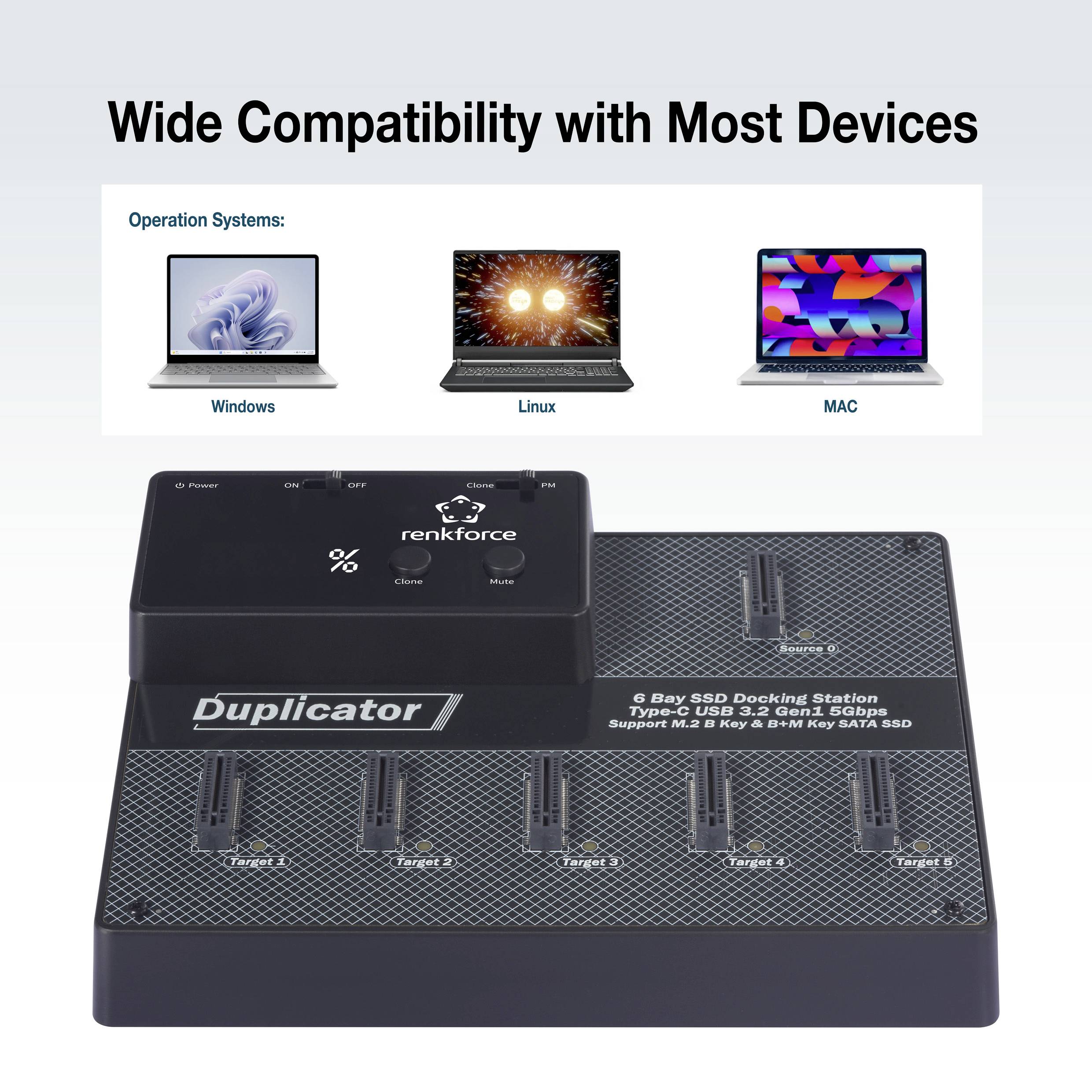 Renkforce RF-6BDS-350 5fach Festplatten-Kopierstation M.2 SATA 6 Gb/s, USB-C®