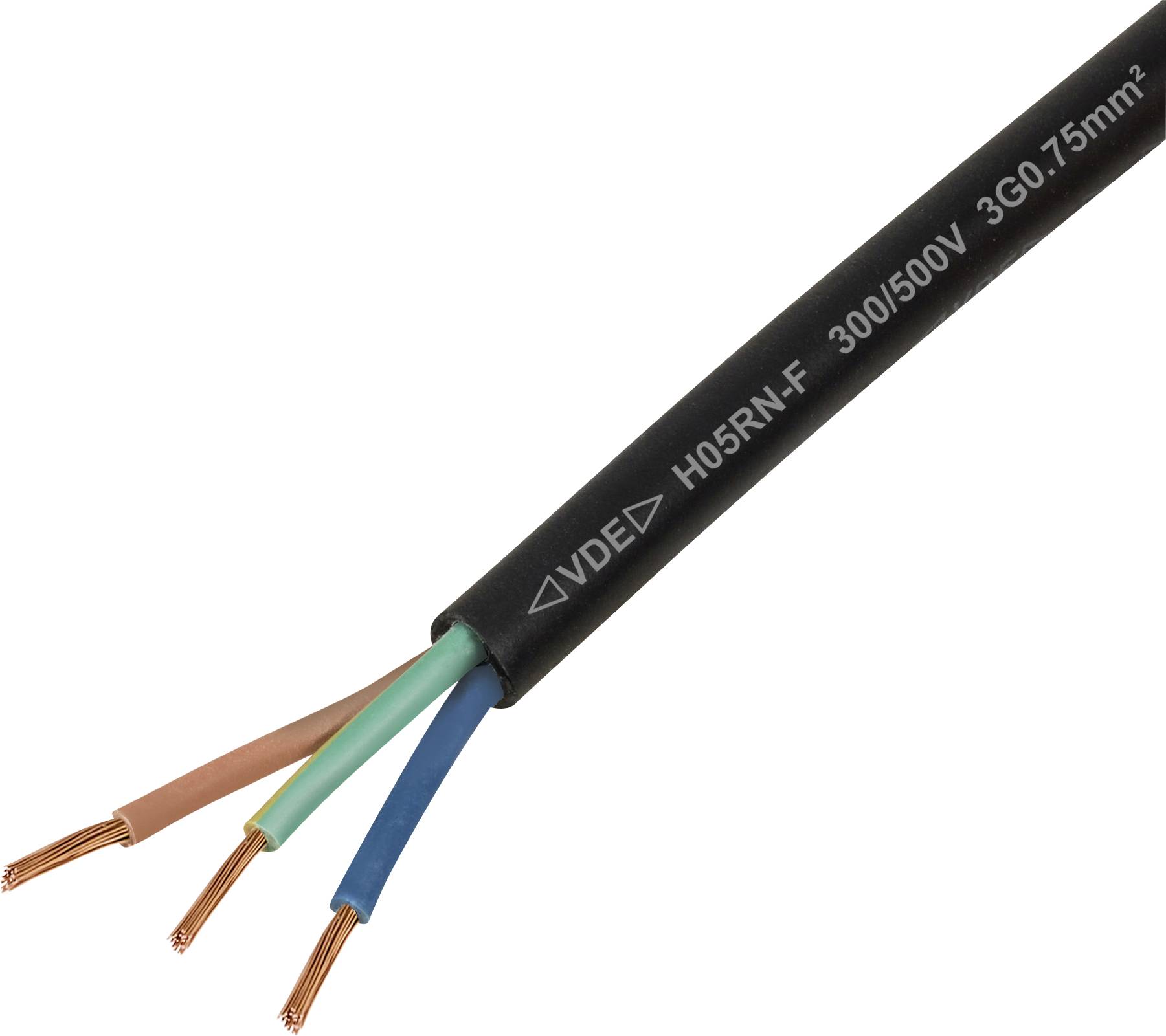 Drei freiliegende Kupferdrähte treten aus einem schwarzen isolierten Elektrokabel, das mit '300/500V, 3G0.75mm2' gekennzeichnet ist.
