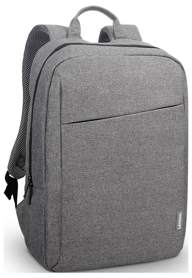 Grauer Lenovo Laptop-Rucksack mit kleinem vorderem Reißverschlussfach, gepolsterten Schultergurten und Tragegriff oben.