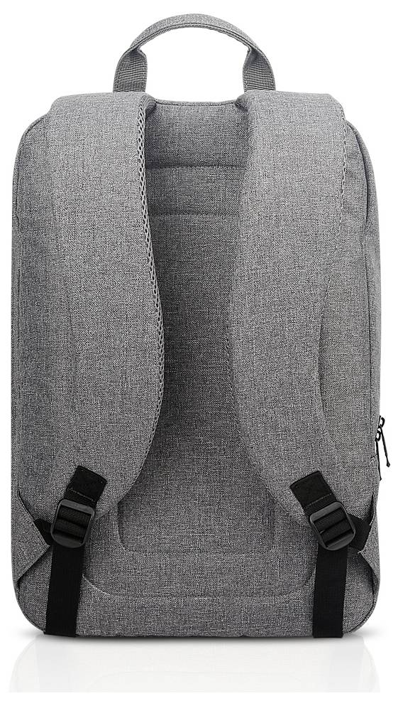 Ein grauer Rucksack von hinten mit zwei gepolsterten Trägern und einer oberen Trageschlaufe. Der Stoff wirkt strukturiert und strapazierfähig.