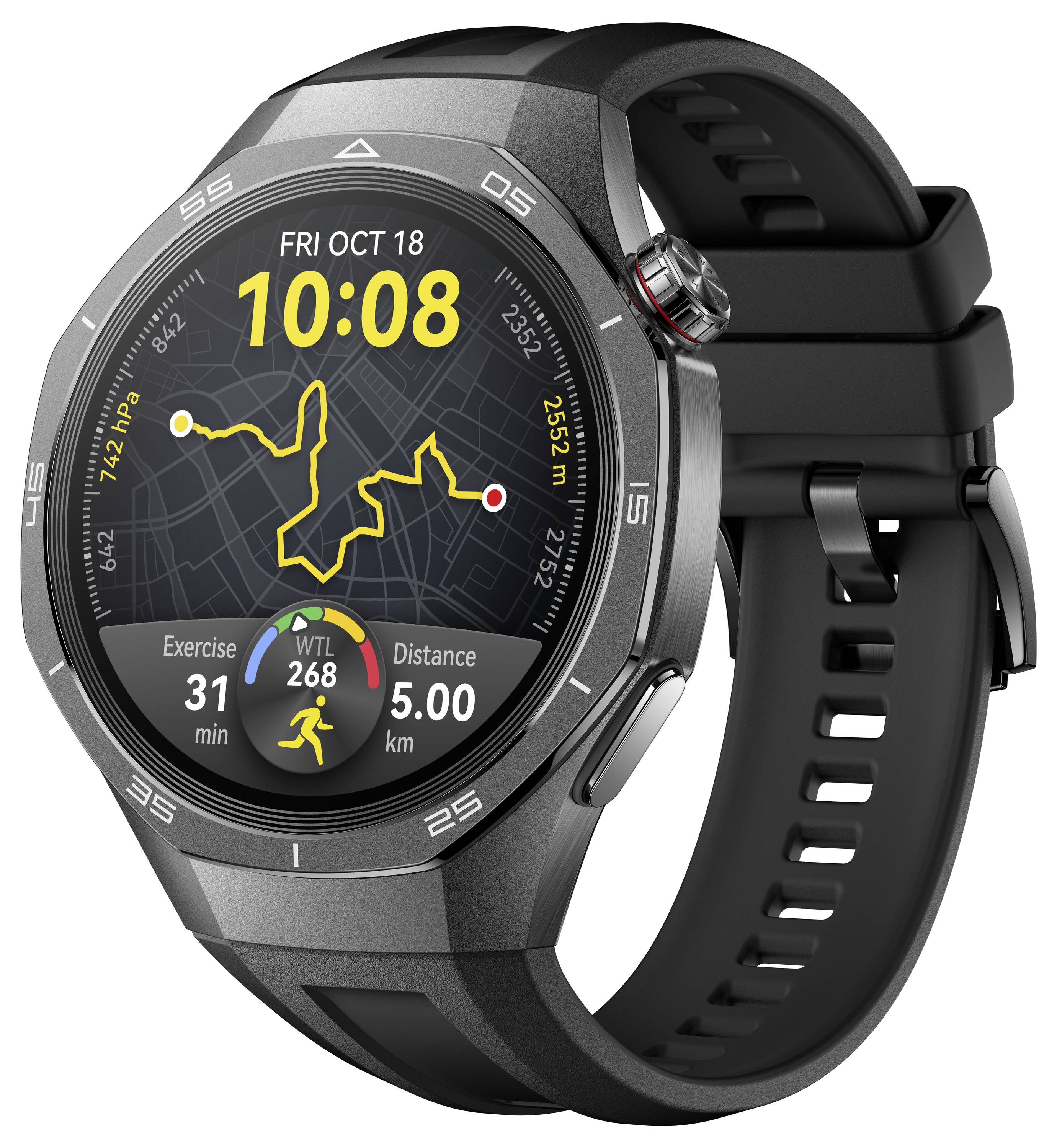 Smartwatch, zeigt Route auf Karte, Uhrzeit 10:08. Trainingsdaten: 31 Minuten, 5 km Distanz, Herzfrequenz 268 BPM.