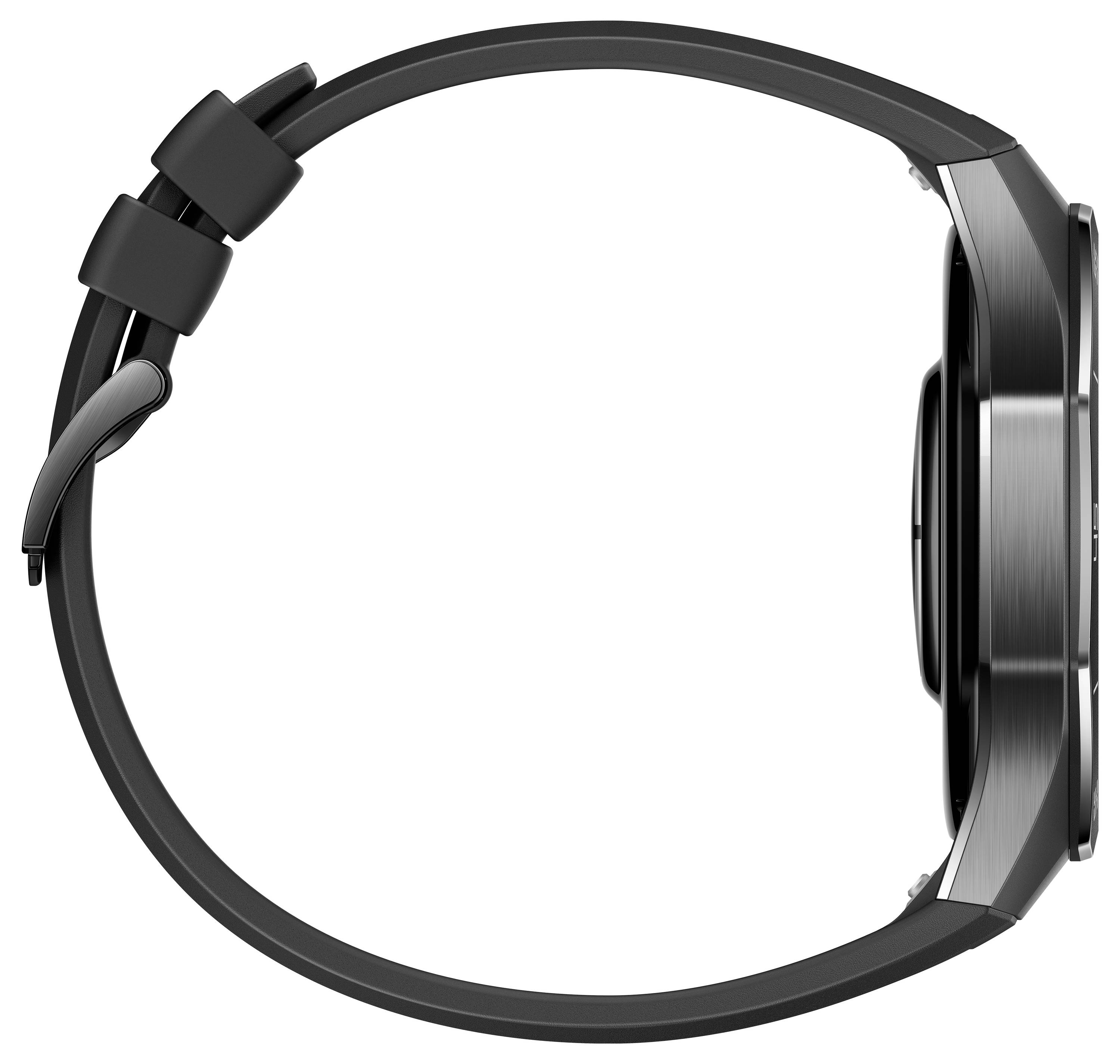 Schwarze Smartwatch mit metallischem Gehäuse, seitliche Ansicht. Zeigt schmale Bauweise und Armband mit Schnallenverschluss.