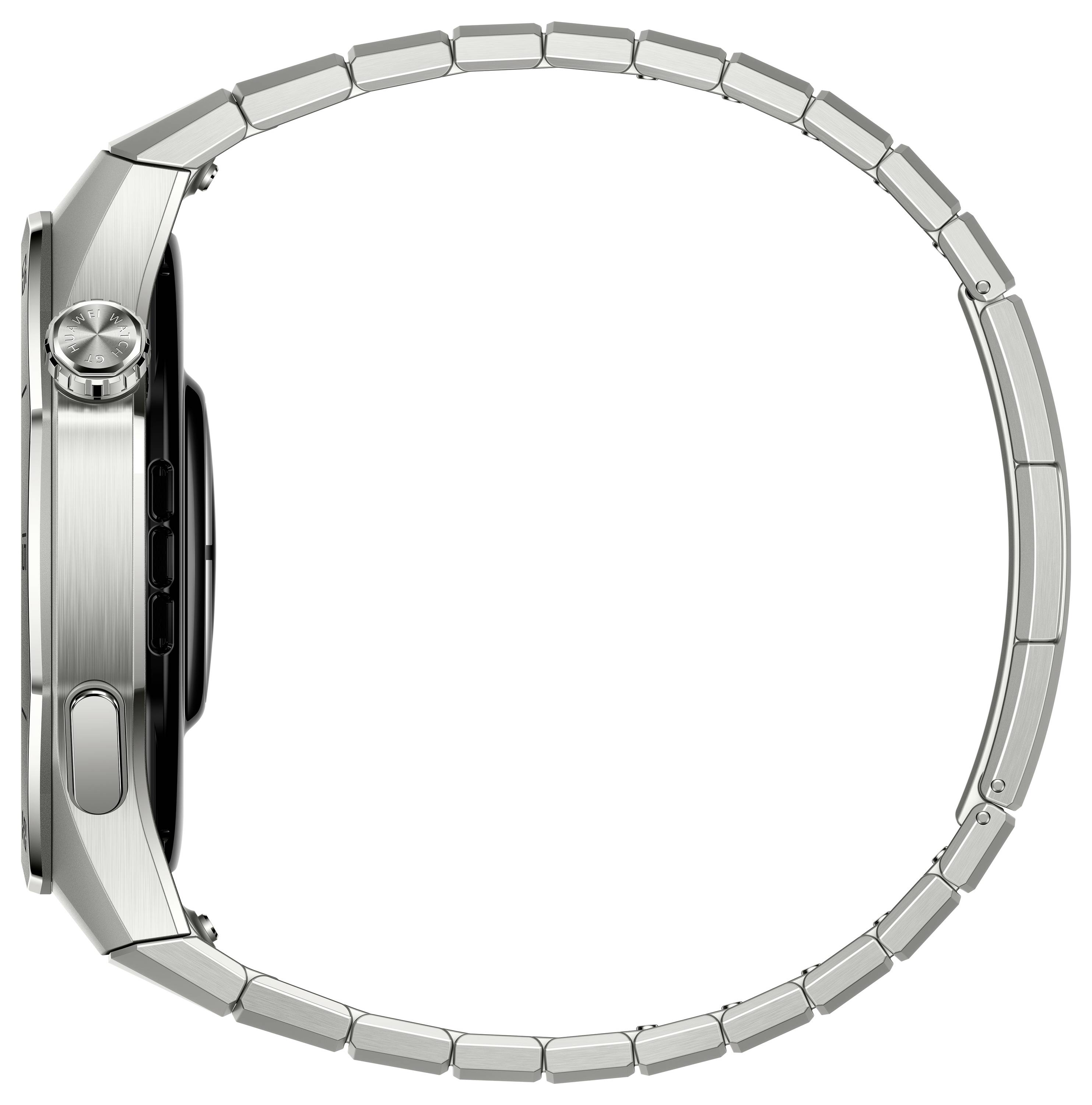 Eine silberne Armbanduhr mit Metallarmband, gezeigt von der Seite, die die Dicke und seitlichen Knöpfe des Uhrengehäuses hervorgehoben.