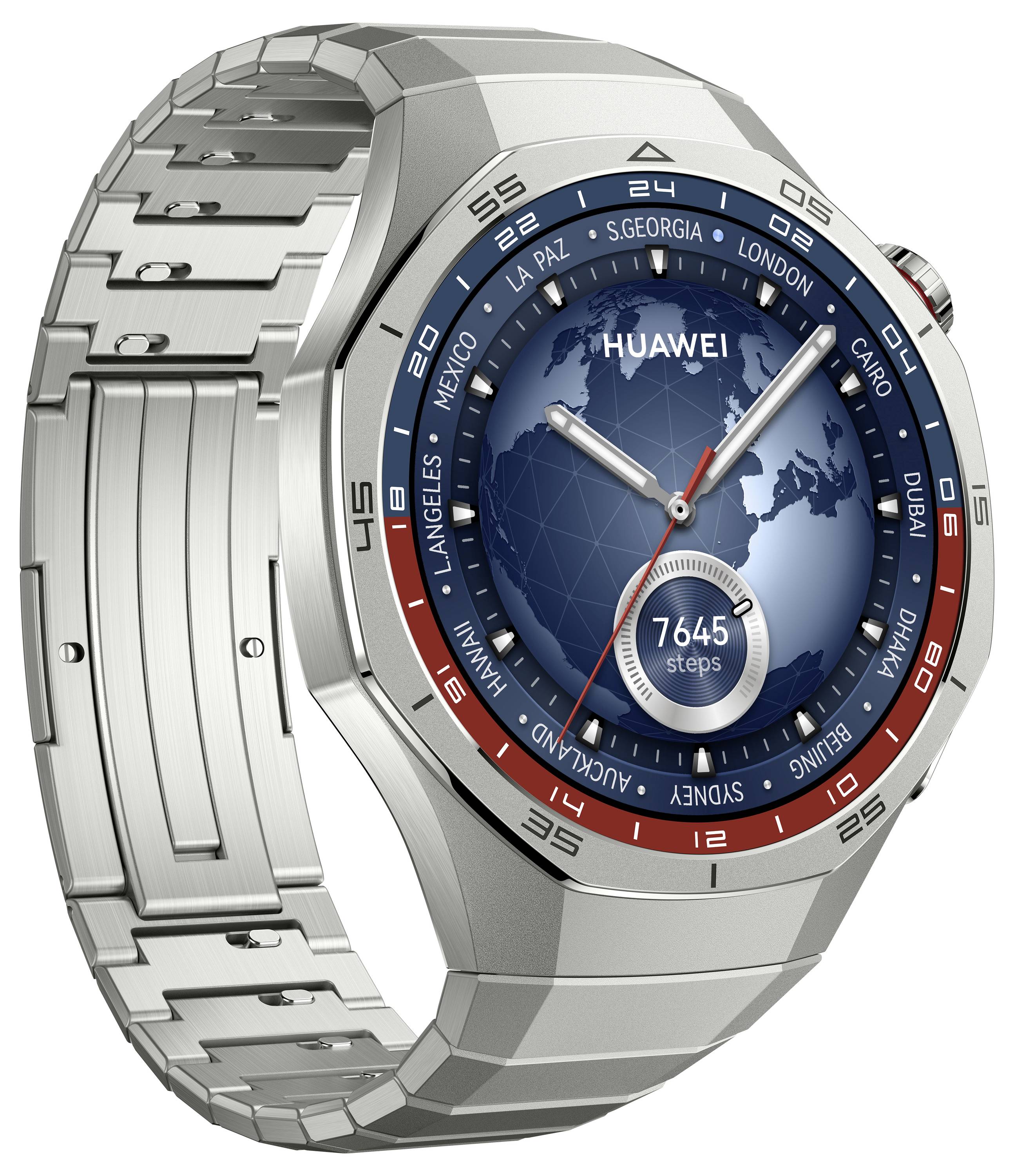 Silberne Smartwatch mit Weltzeitanzeige und Schrittzähler auf dem Zifferblatt. Markennamen sichtbar. Ovales Metallarmband.