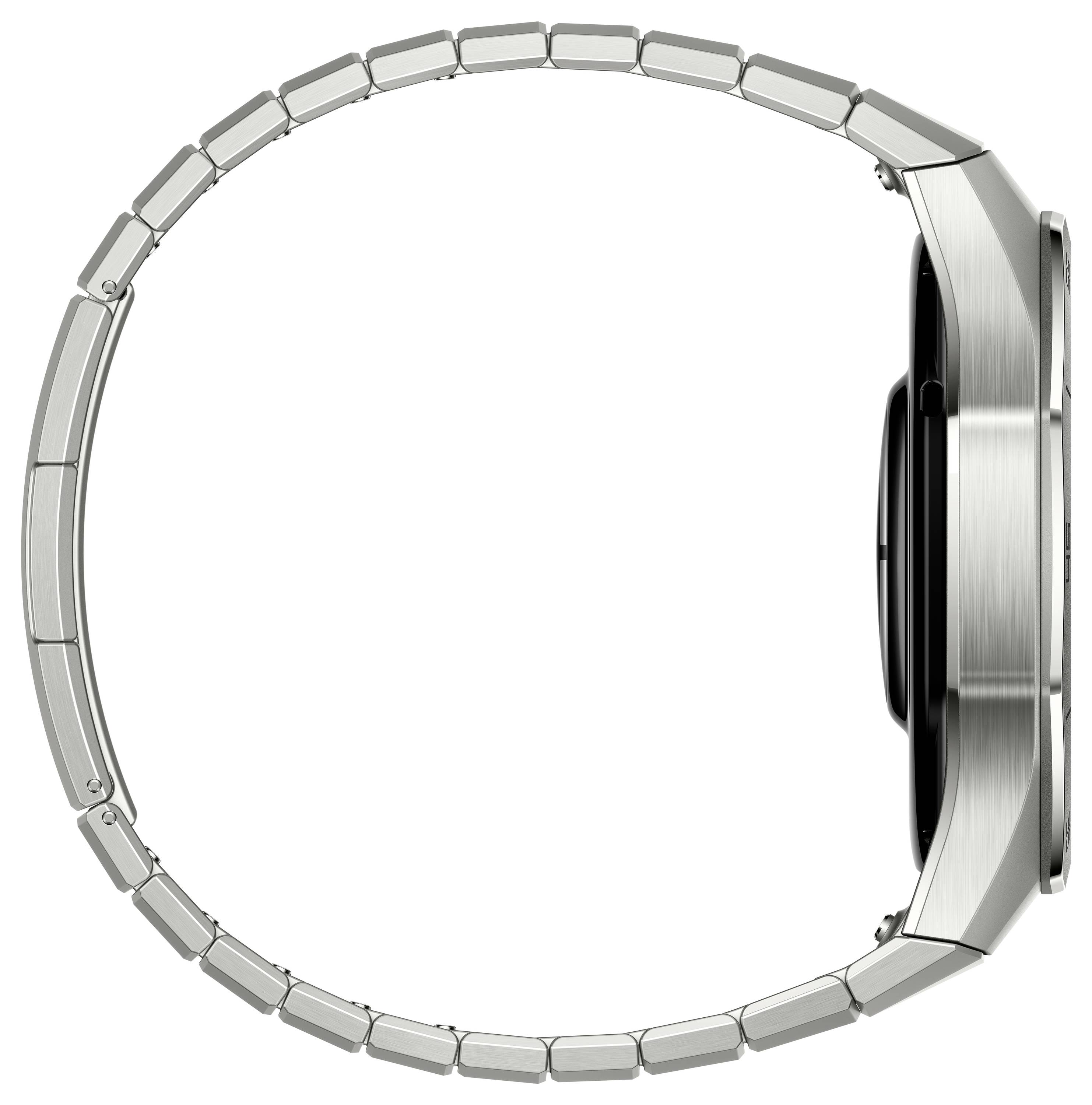 Eine stilvolle Smartwatch in Seitenansicht, die das schlanke Design und das metallene Armband zeigt.