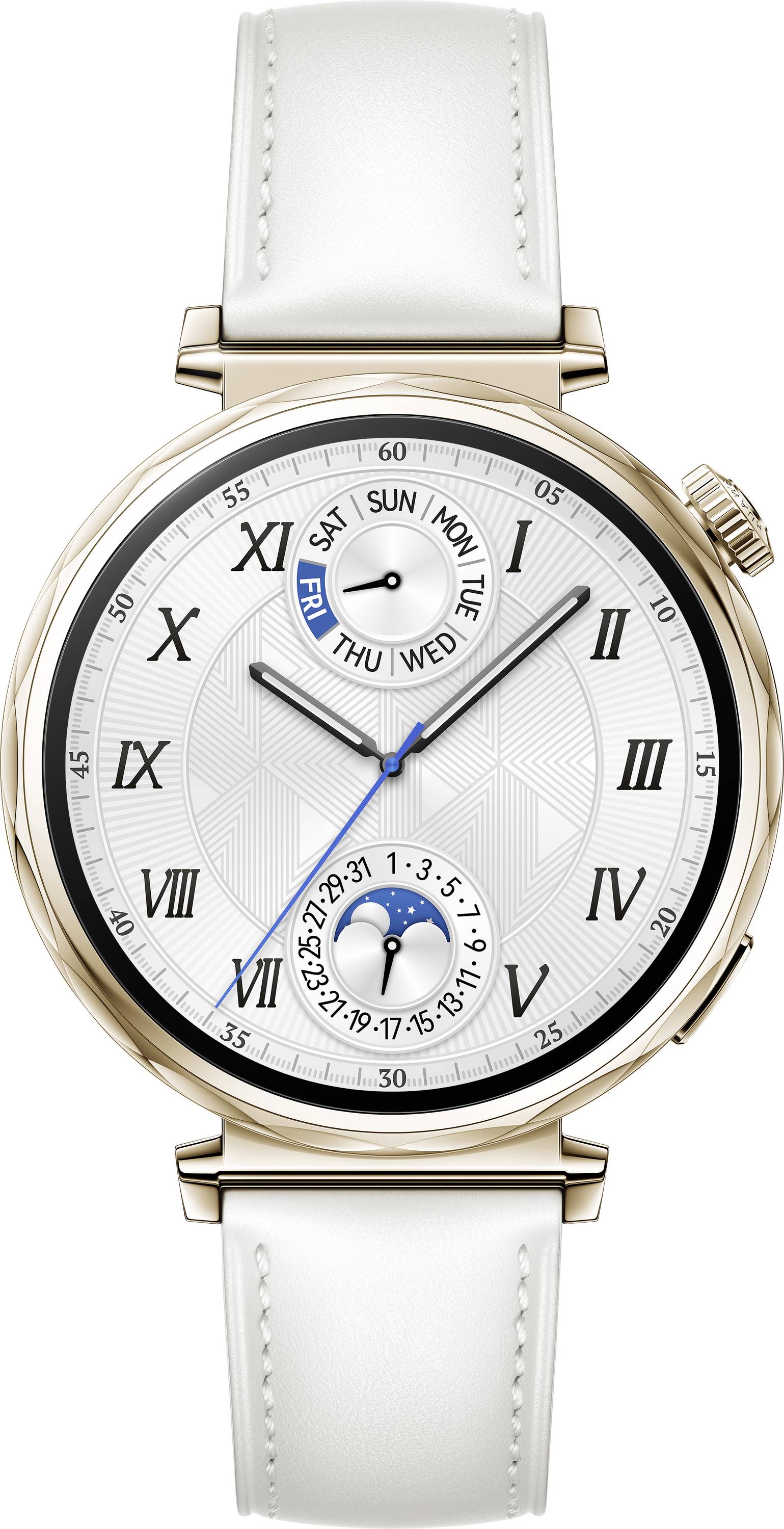 Luxuriöse Armbanduhr mit weißem Zifferblatt, römischen Ziffern, Wochentag und Mondphasenanzeigen. Elegantes, weißes Lederarmband.