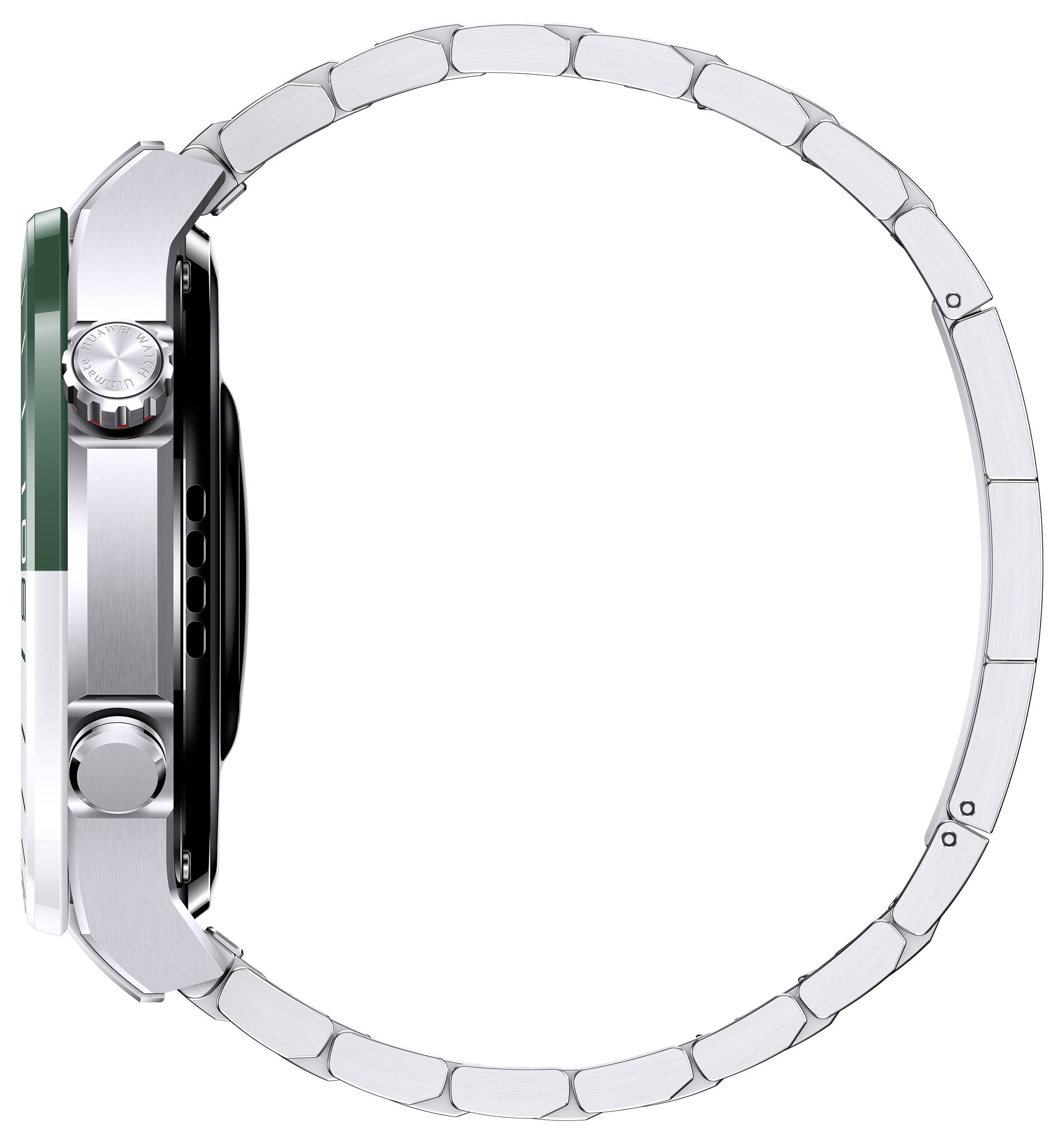 Smartwatch in Seitenansicht mit silbernem Gliederarmband und zwei Knöpfen. Die Uhr hat ein rundes Gehäuse.
